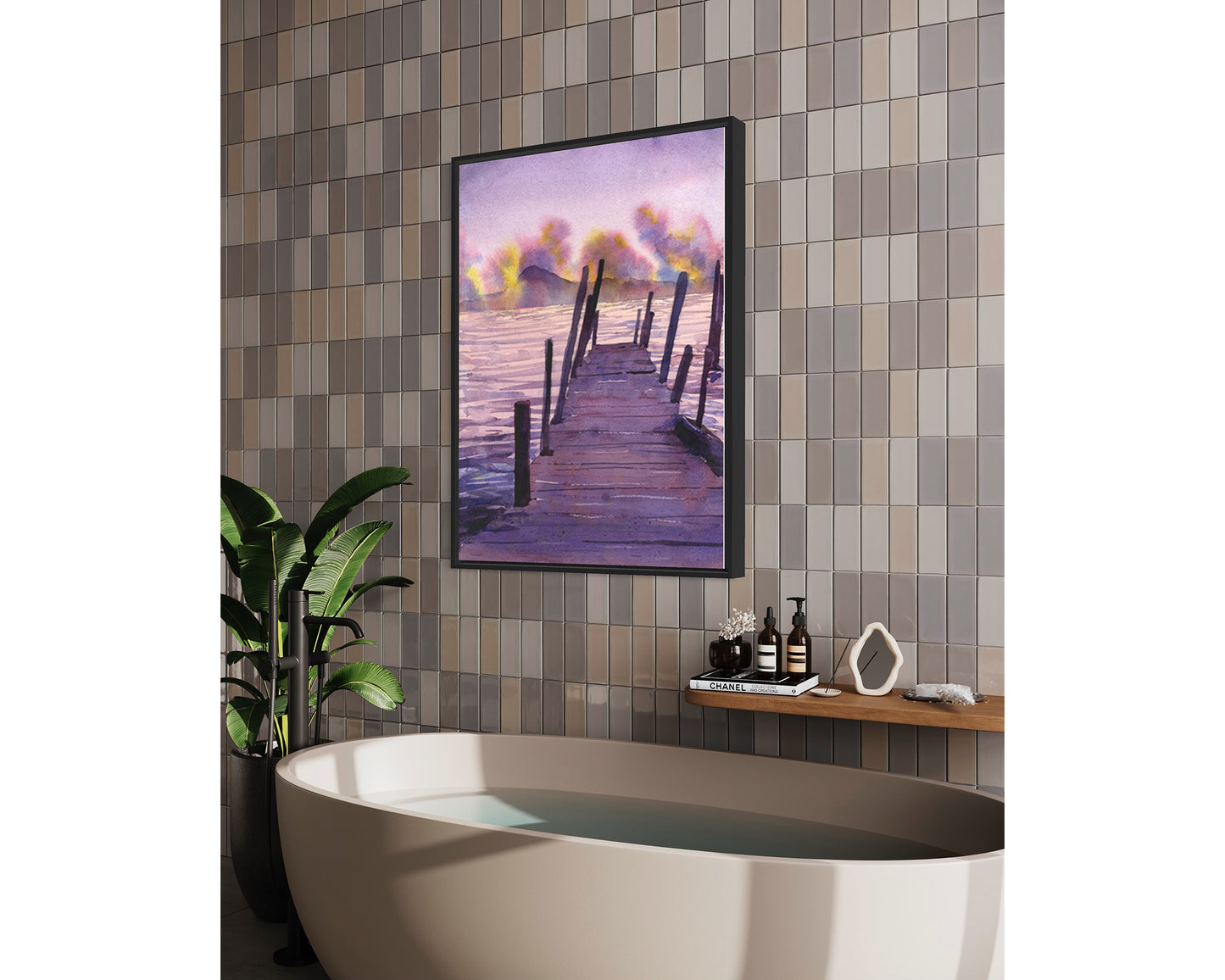 Watercolor landscape painting sunset Lake Atitlan Guatemala trendy wall art travel essentials lake boat nautical decor (print)