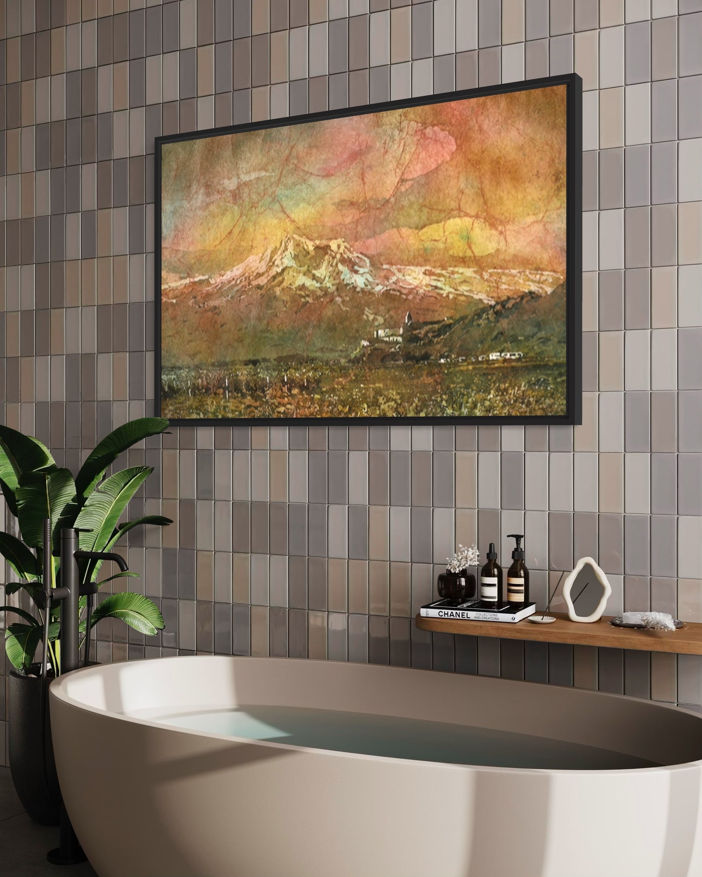 Batik-style watercolor print of Armenia’s Khor Virap and Mount Ararat, filled with warm earthy tones and layered textures—an excellent housewarming gift or travel memento for art lovers