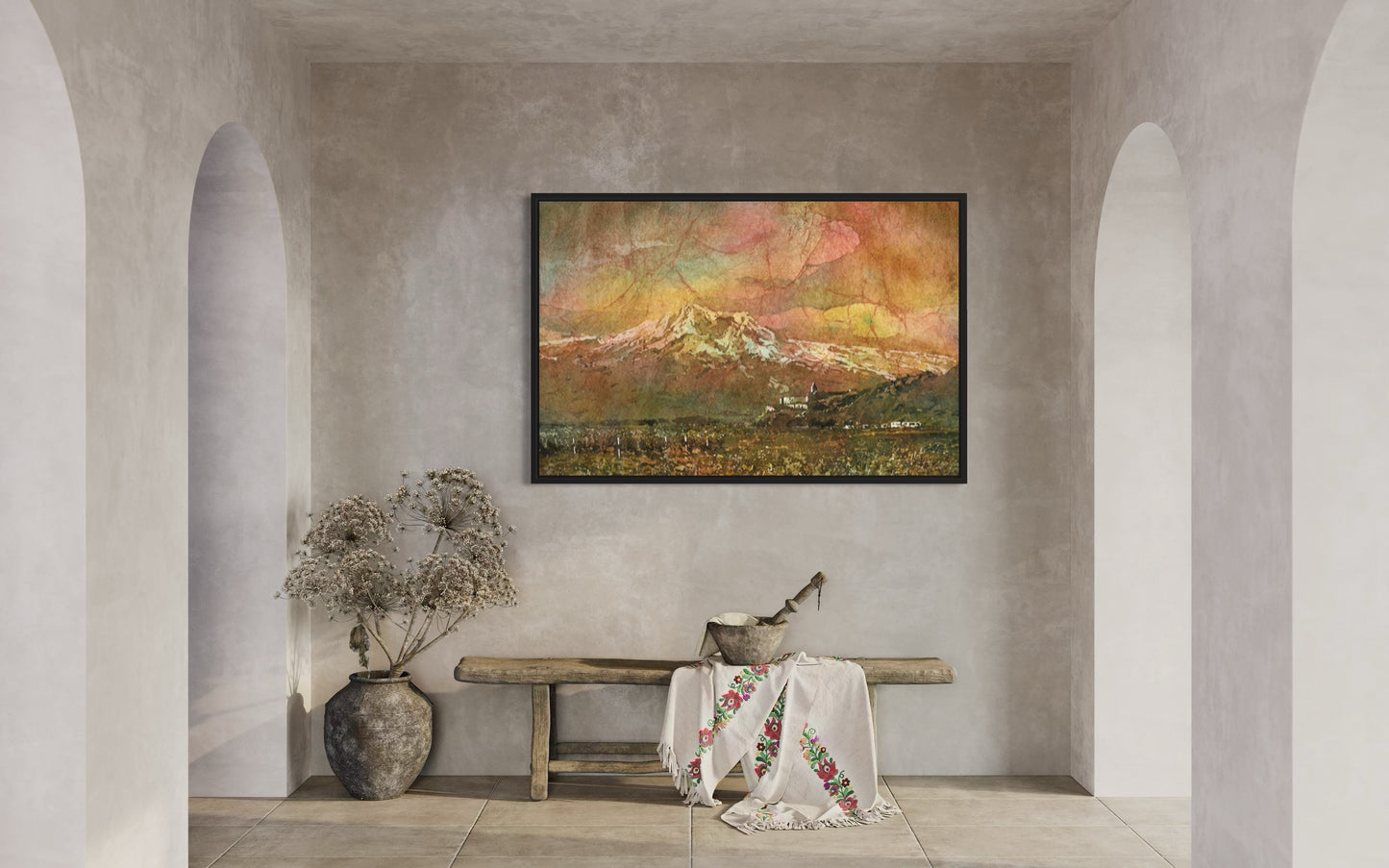 Striking watercolor batik of Khor Virap Monastery near Mount Ararat, designed as a colorful textured poster and ideal handmade item for Armenian decor or global travel wall art collections.