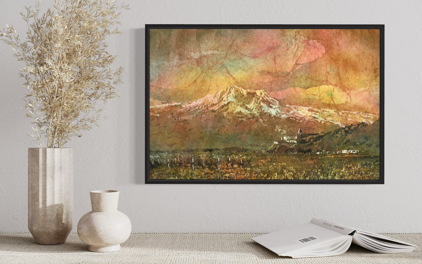 Handmade Armenian landscape painting featuring Khor Virap Monastery and majestic Mount Ararat, using traditional batik watercolor techniques—perfect for adding heritage-rich art to your interior design