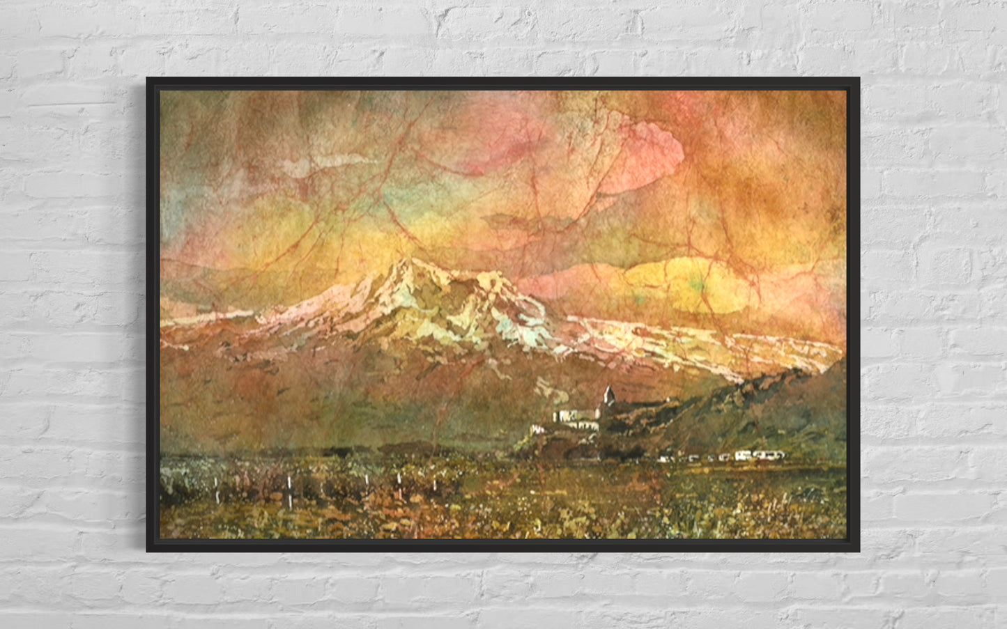 Striking watercolor batik of Khor Virap Monastery near Mount Ararat, designed as a colorful textured poster and ideal handmade item for Armenian decor or global travel wall art collections.