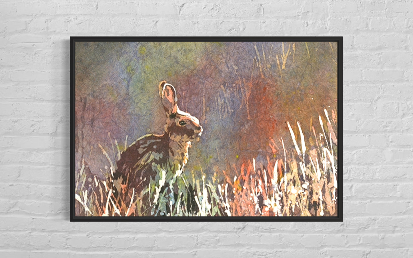 Playful watercolor painting of a rabbit in grass with bold, textured batik strokes—ideal for handmade kids room wall art or thoughtful animal-themed gifts