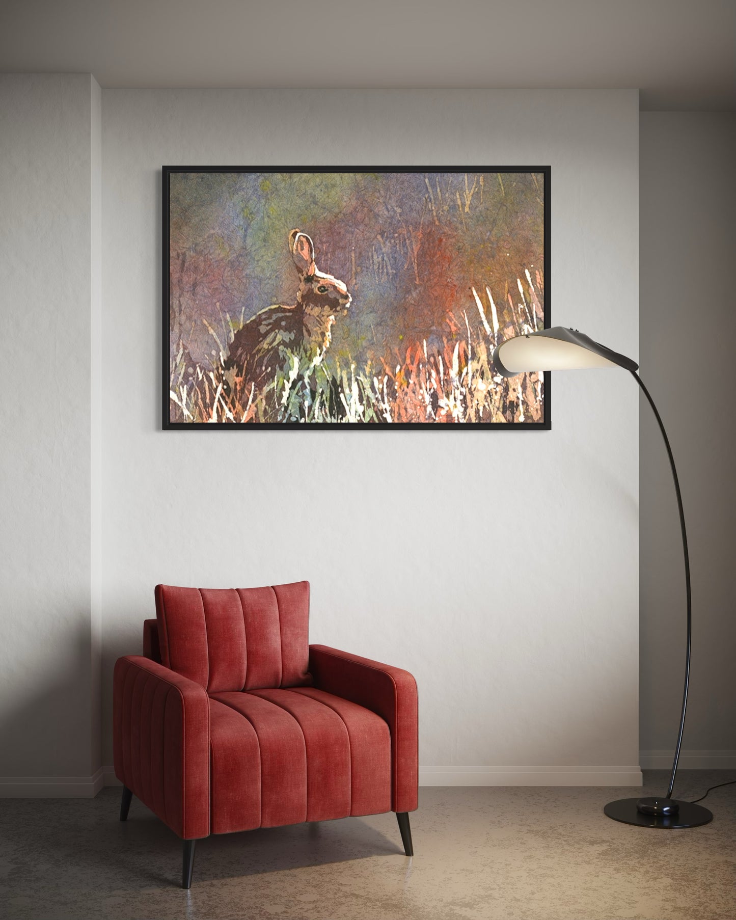 Batik-style watercolor artwork featuring a cute bunny rabbit in lush grass, offering a soft and colorful touch to house interiors—great gift for her or him.