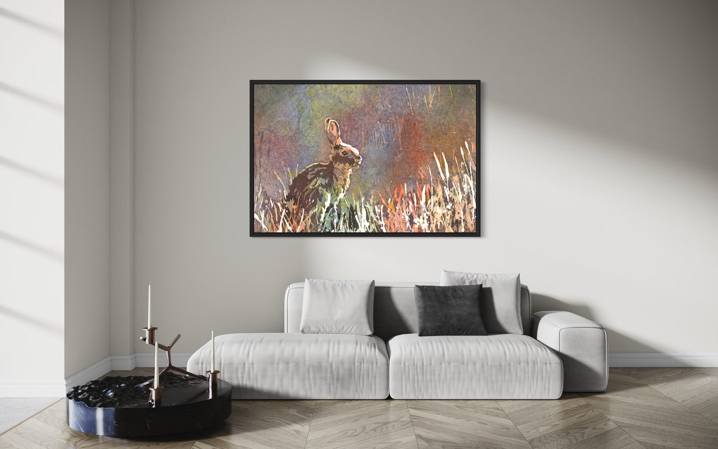 Whimsical watercolor batik art of a fluffy bunny sitting peacefully in spring grass, perfect for kids' bedroom design or cheerful handmade home decor.