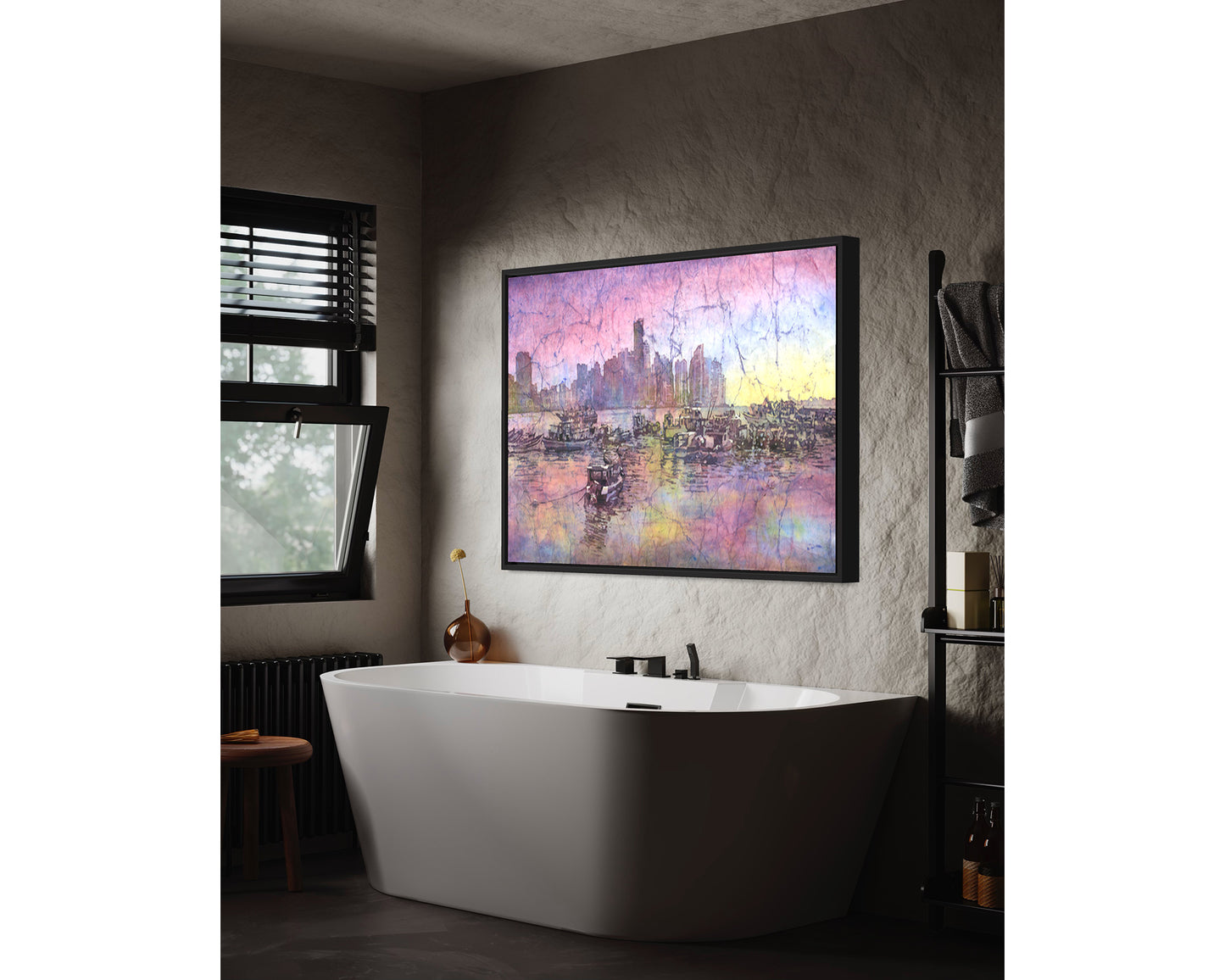 Skyline Panama City Panama watercolor painting, boat nautical artwork trendy wall art travel essentials architecture (print)