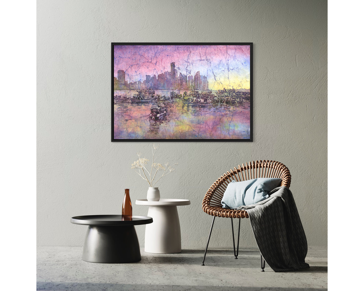 Skyline Panama City Panama watercolor painting, boat nautical artwork trendy wall art travel essentials architecture (print)