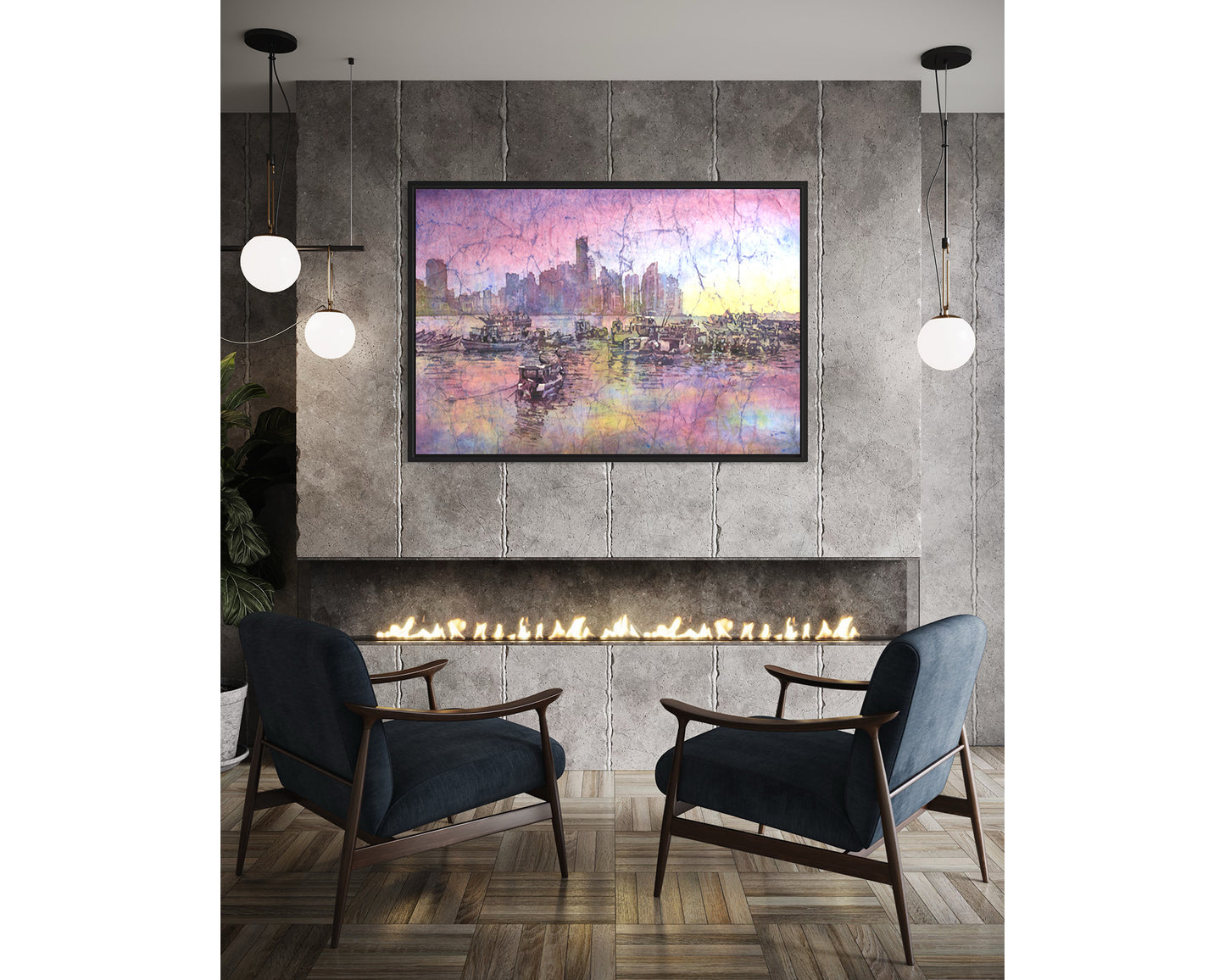 Skyline Panama City Panama watercolor painting, boat nautical artwork trendy wall art travel essentials architecture (print)