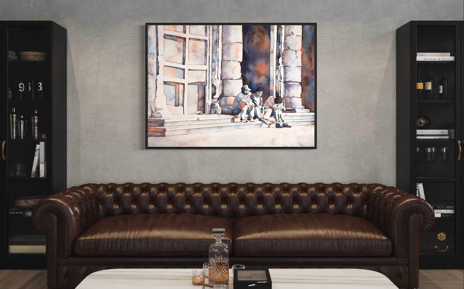 Detailed watercolor street view of Morelia, Mexico, with towering church spires and warm earth tones—perfect travel decor and fine art piece.