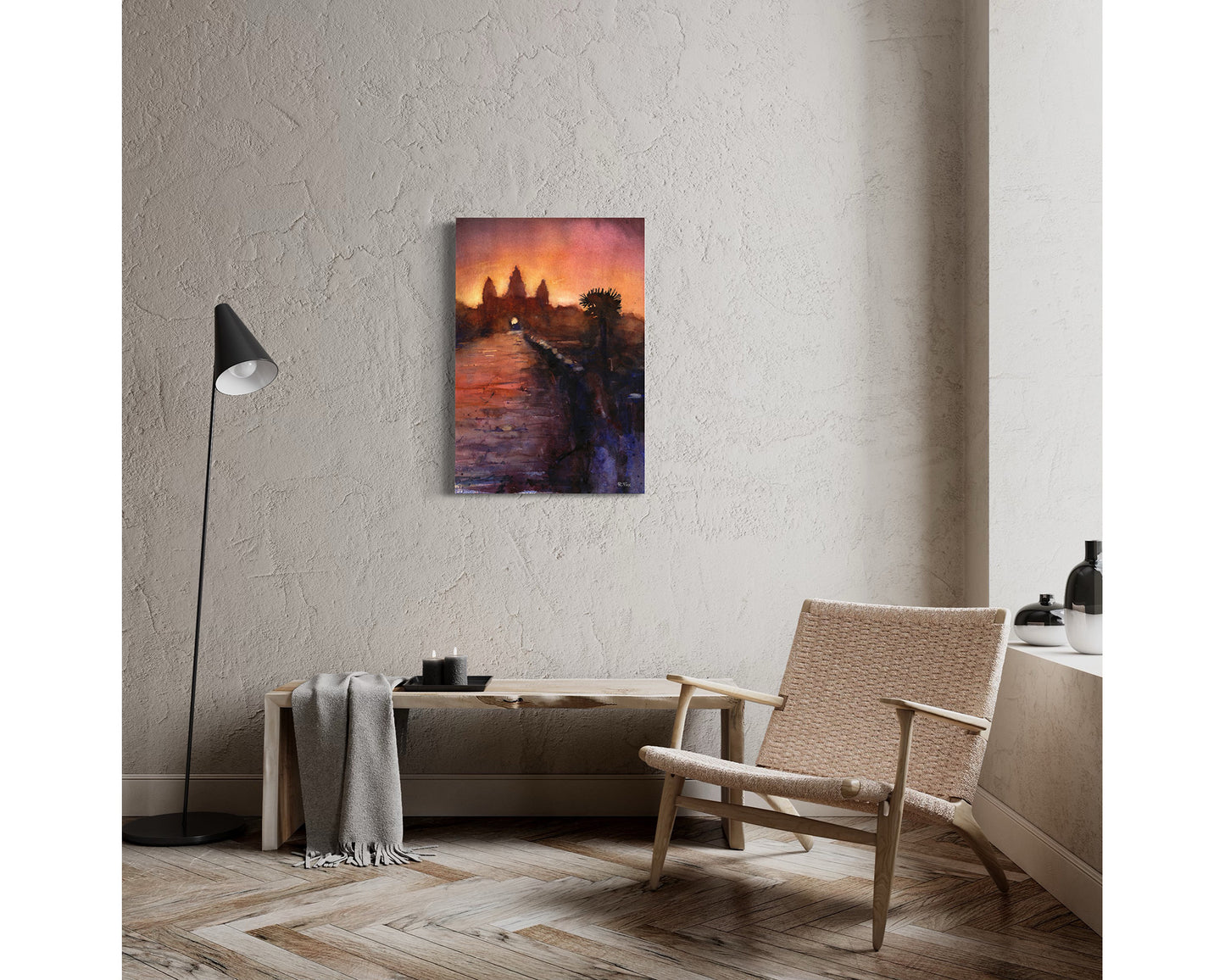 Expressive Angkor Wat painting in watercolor, capturing the ancient temple’s silhouette at sunrise—great travel essentials wall art and thoughtful gift for him or her.