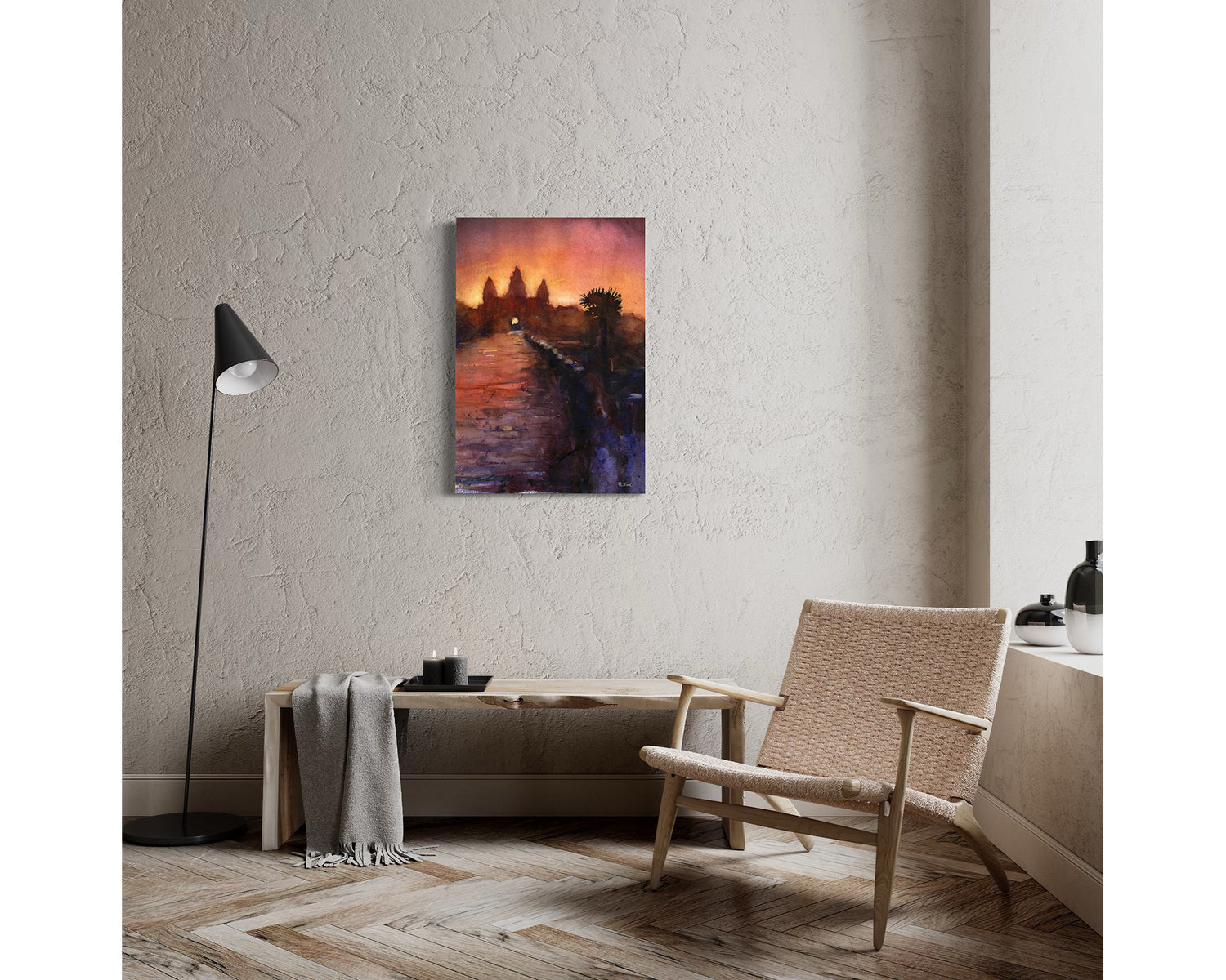 Expressive Angkor Wat painting in watercolor, capturing the ancient temple’s silhouette at sunrise—great travel essentials wall art and thoughtful gift for him or her.