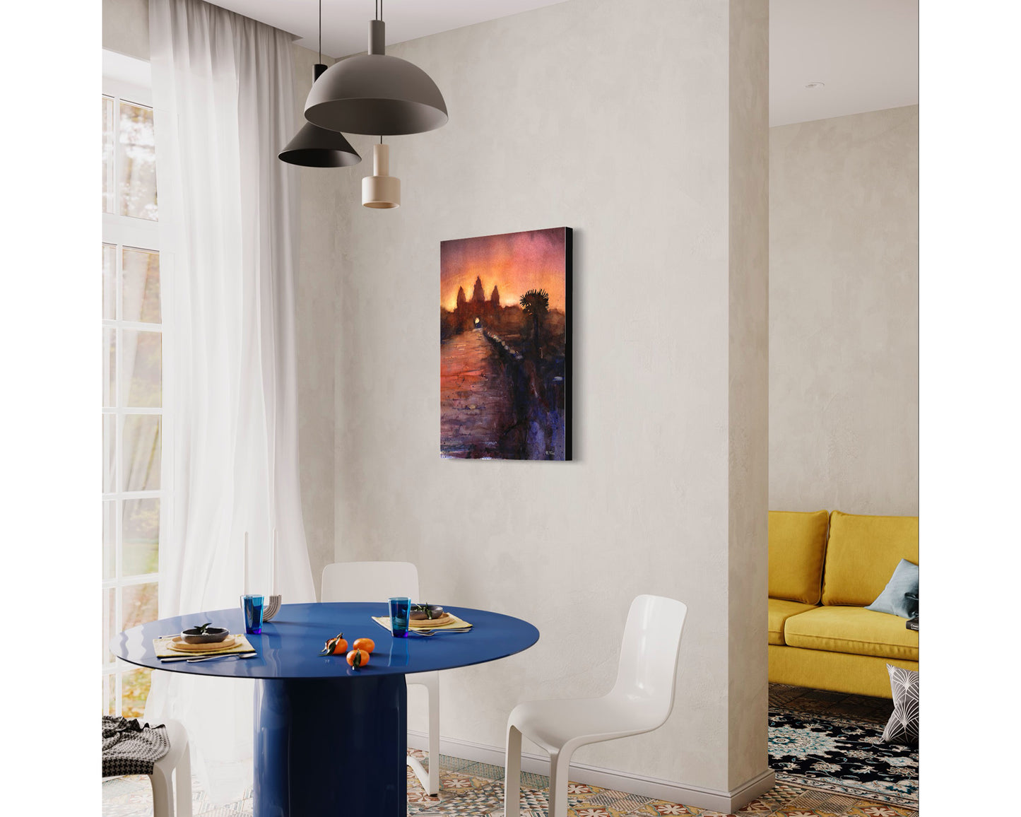 Serene watercolor print of Angkor Wat ruins in Cambodia with a breathtaking sunset backdrop—ideal as a gift for him or her and timeless home wall art.