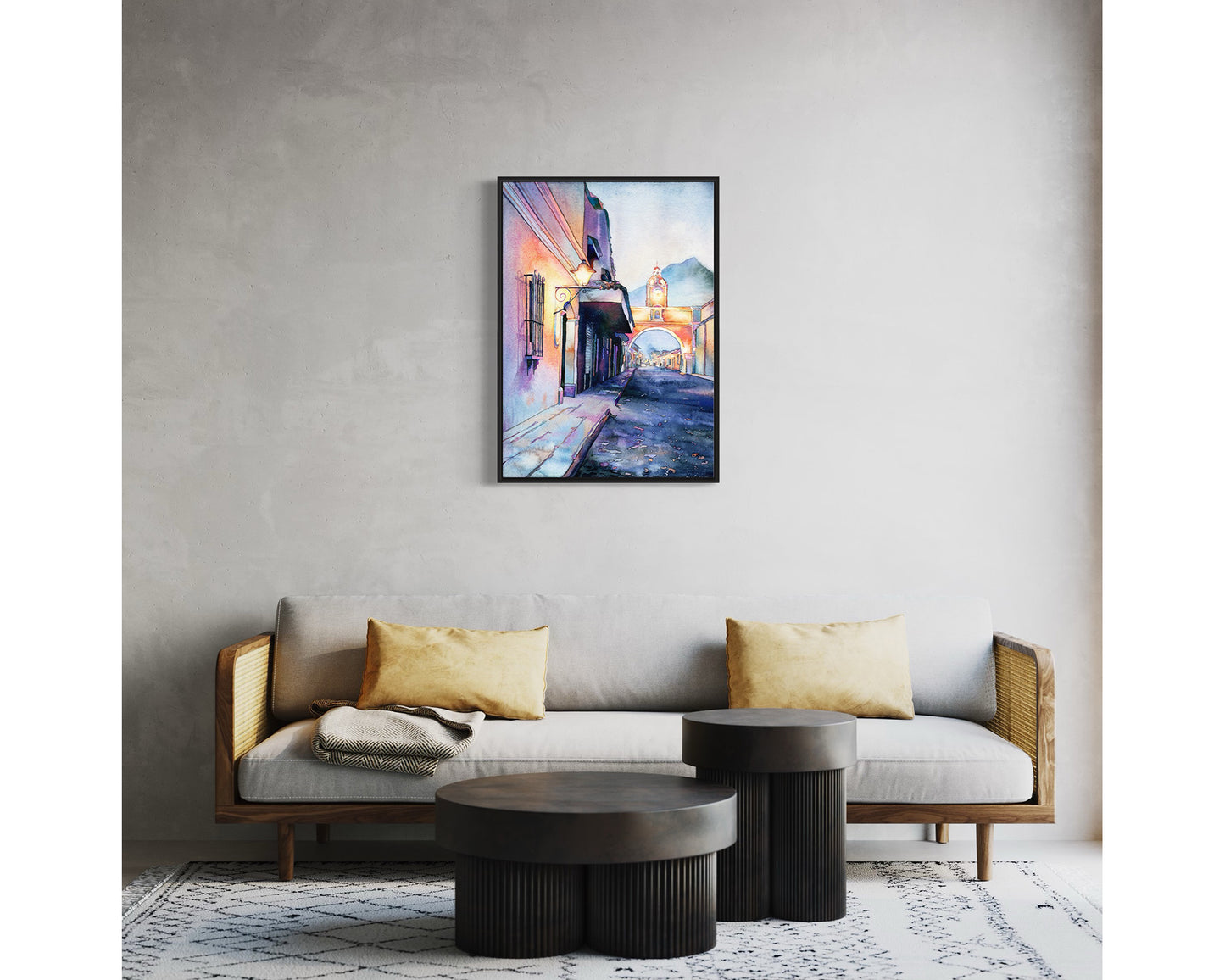 Colorful watercolor of the Arch of Santa Catalina in Antigua, Guatemala with vivid sky and charming colonial buildings—great Guatemala art for house and office.