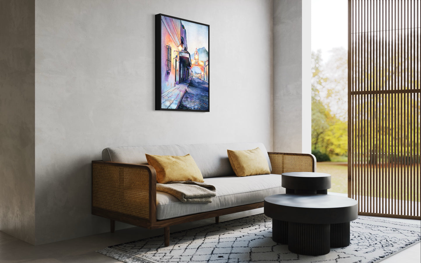 Antigua Guatemala wall art watercolor showcasing the famous Arch of Santa Catalina in warm earthy tones—ideal for travel-inspired home decor.