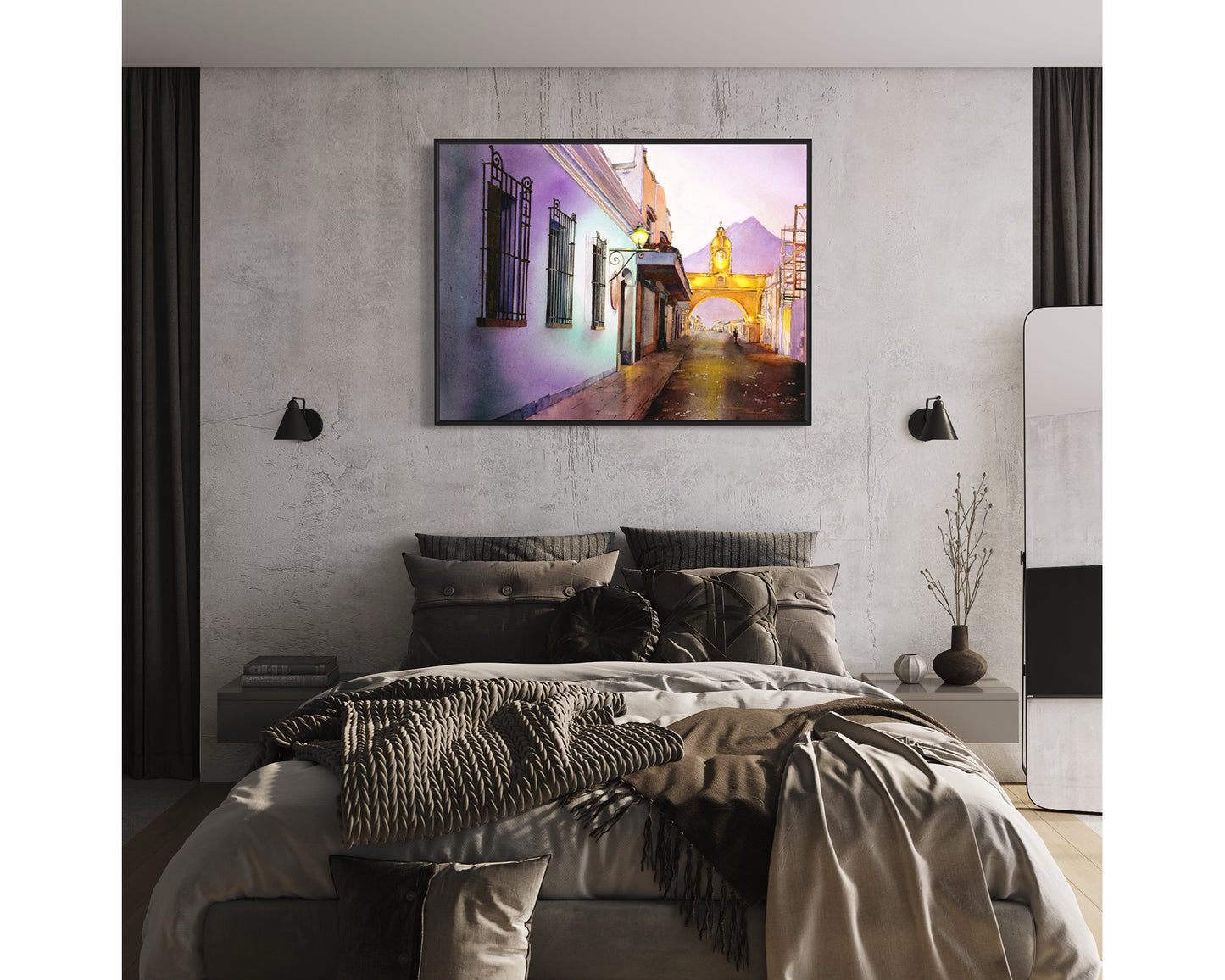 Antigua Guatemala art for house featuring the picturesque Arch of Santa Catalina, painted in rich watercolor textures—perfect for art lovers and travelers.