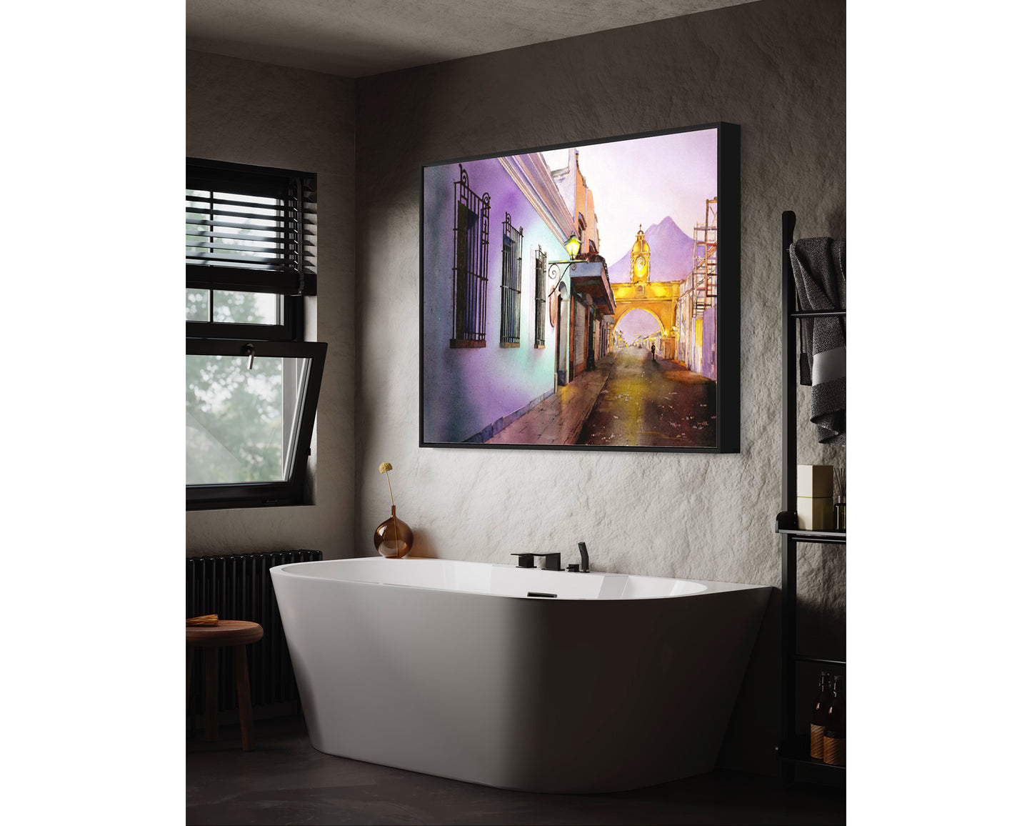 Vivid and expressive Antigua watercolor landscape of Guatemala’s most famous archway—perfect for travel essentials wall art and global interiors.