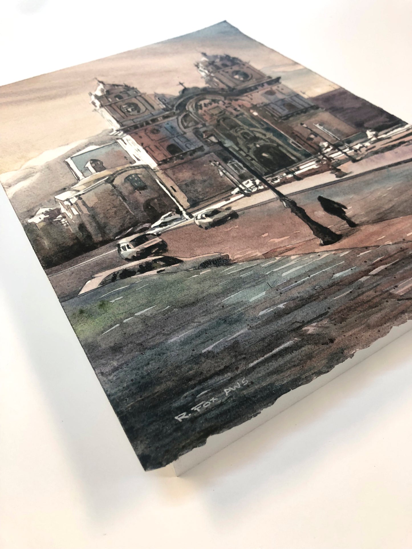 Hand-painted watercolor of the Cusco church plaza, surrounded by vivid textures and historic charm—perfect for adding a cultural touch to modern interior design.