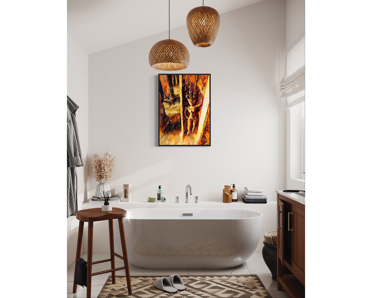 Fine art watercolor of Angkor Wat ruins at sunset with warm, vivid colors and ancient temple silhouettes—ideal travel essentials and cultural home decor.