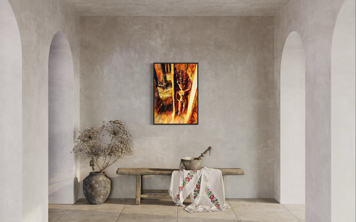 Expressive watercolor painting capturing the peaceful beauty of Angkor Wat ruins against a glowing sunset sky—perfect for art for home/office or thoughtful gift for him or her.