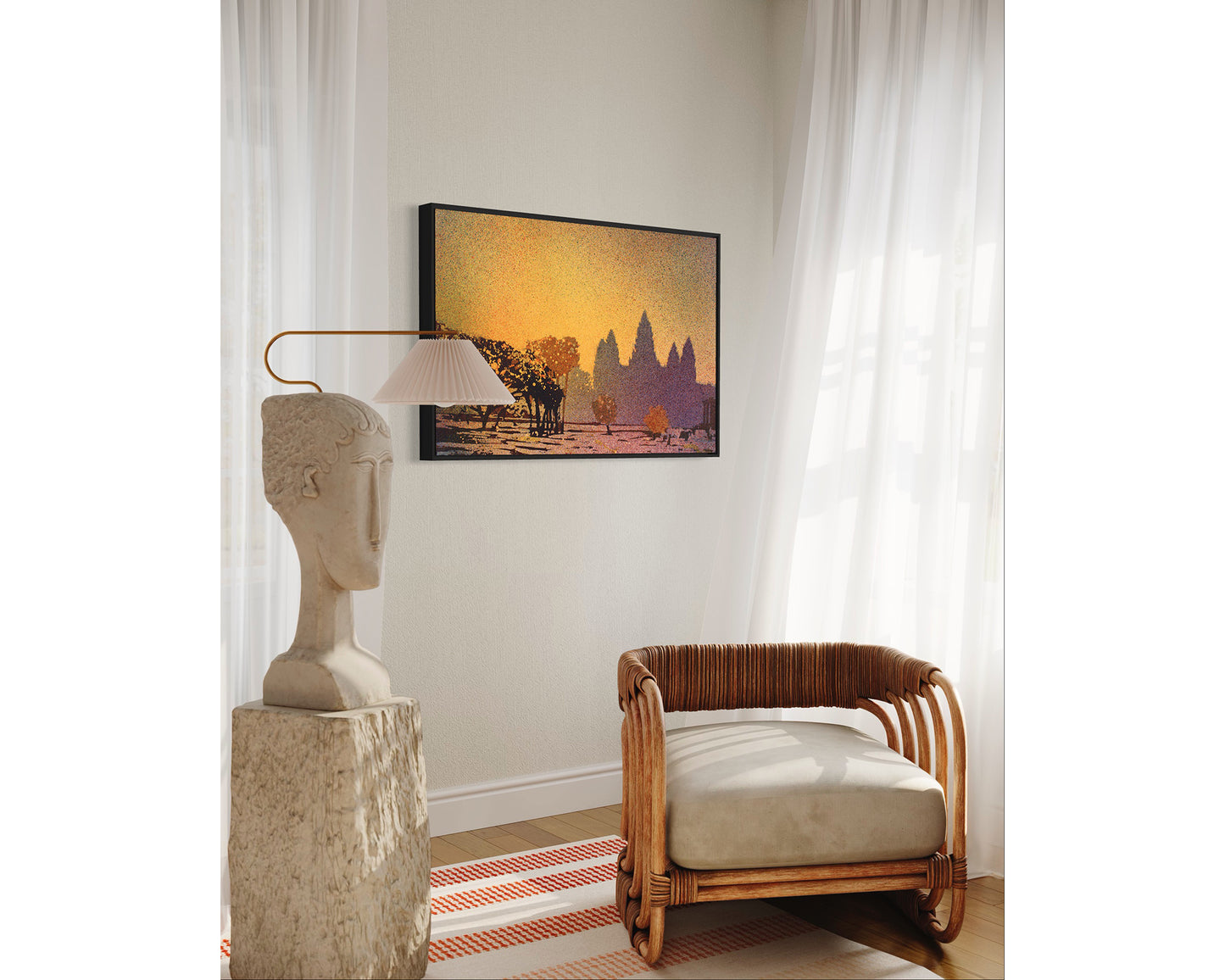 Fine art Angkor painting of the world-famous temple ruins in Cambodia bathed in glowing sunset light—ideal for cultural home interiors and gift ideas.