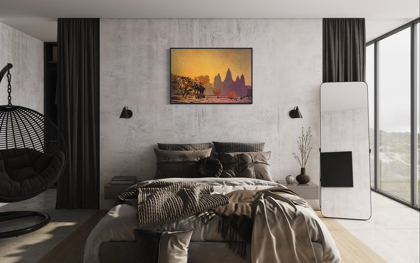 Colorful watercolor landscape of Angkor Wat ruins with deep sunset hues and temple silhouettes—great for interior designers and world travelers.