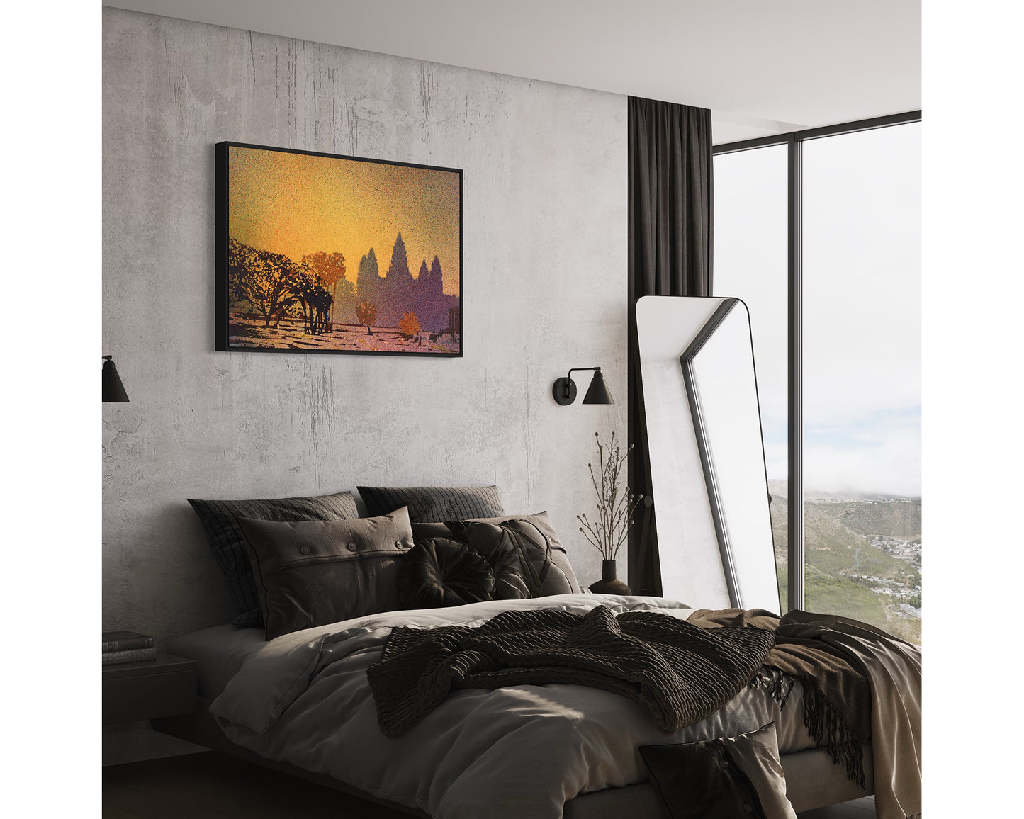 Hand-painted watercolor of the 9th century Khmer ruins at Angkor Wat set against a luminous sunset sky—perfect for home or office wall decor.