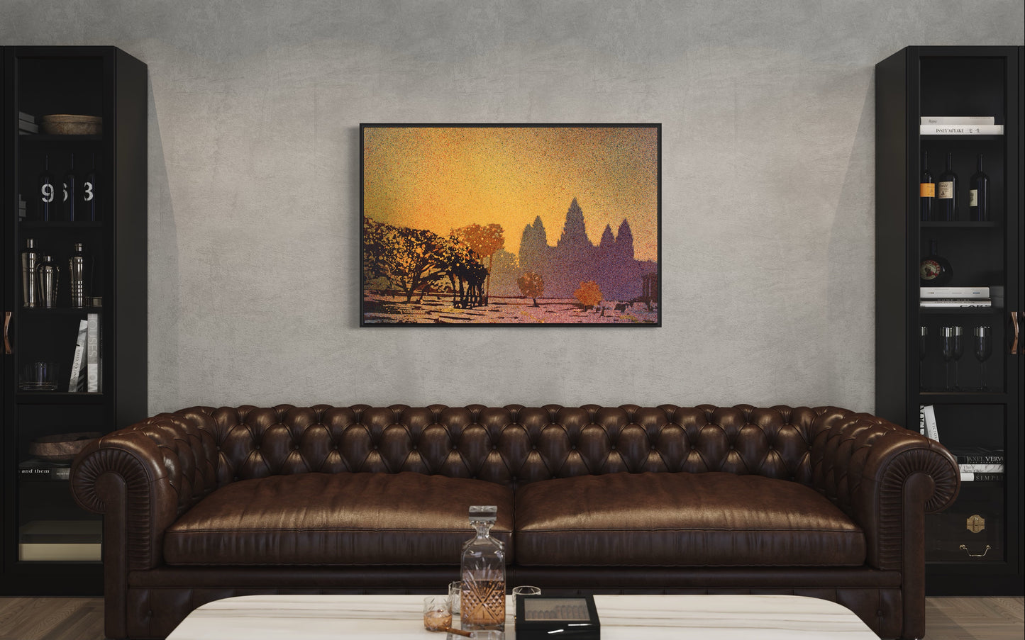 Detailed watercolor capturing the towering ruins of Angkor Wat silhouetted at sunset—perfect wall art for modern living spaces or travel-inspired rooms.
