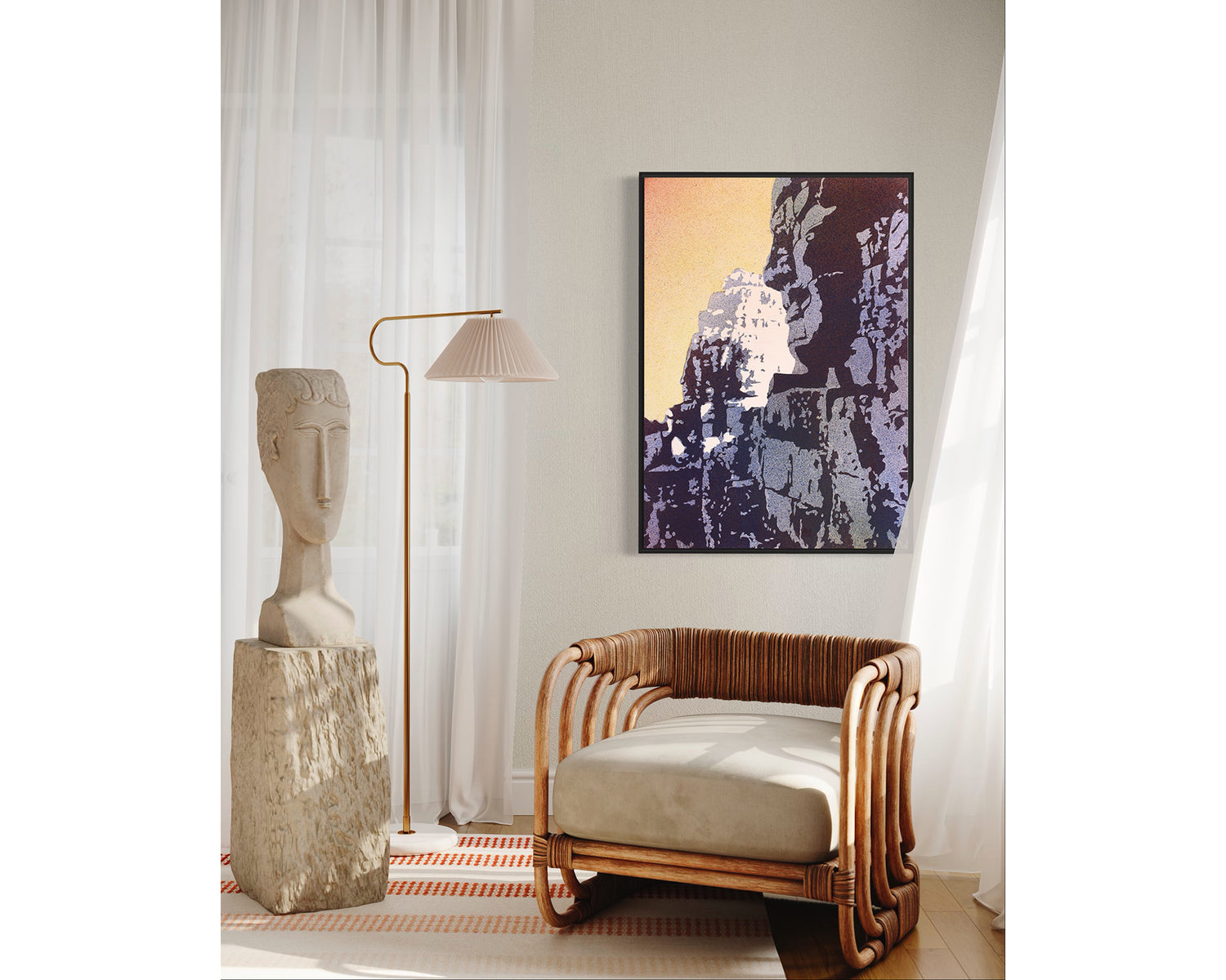 Colorful watercolor showing Bayon Temple ruins with tropical trees and a radiant sky at sunset—perfect for global travelers and art collectors.
