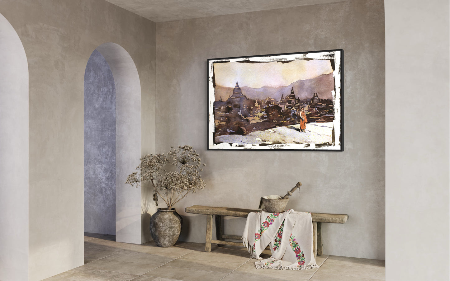 Monje budista con templo en ruinas de Bagan en la distancia-Myanmar (Birmania). Arte budista. Acuarela de templos paganos en ruinas (original))