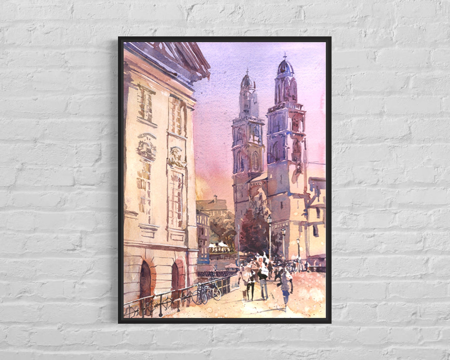 Zurich Switzerland church watercolor landscape travel essentials, art for house Swiss church trendy wall artwork (original)