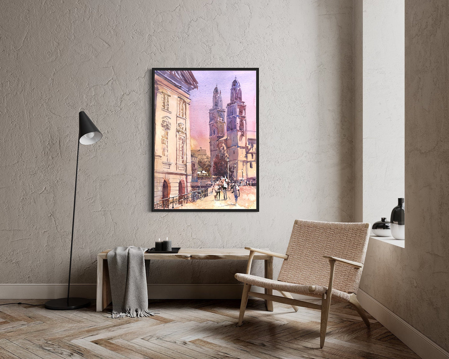 Zurich Switzerland church watercolor landscape travel essentials, art for house Swiss church trendy wall artwork (original)
