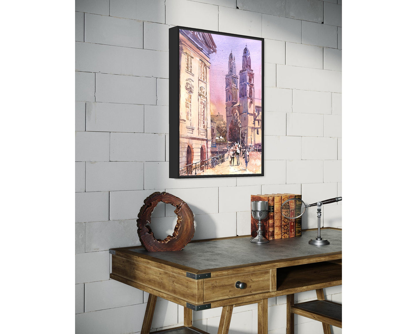 Zurich Switzerland church watercolor landscape travel essentials, art for house Swiss church trendy wall artwork (original)