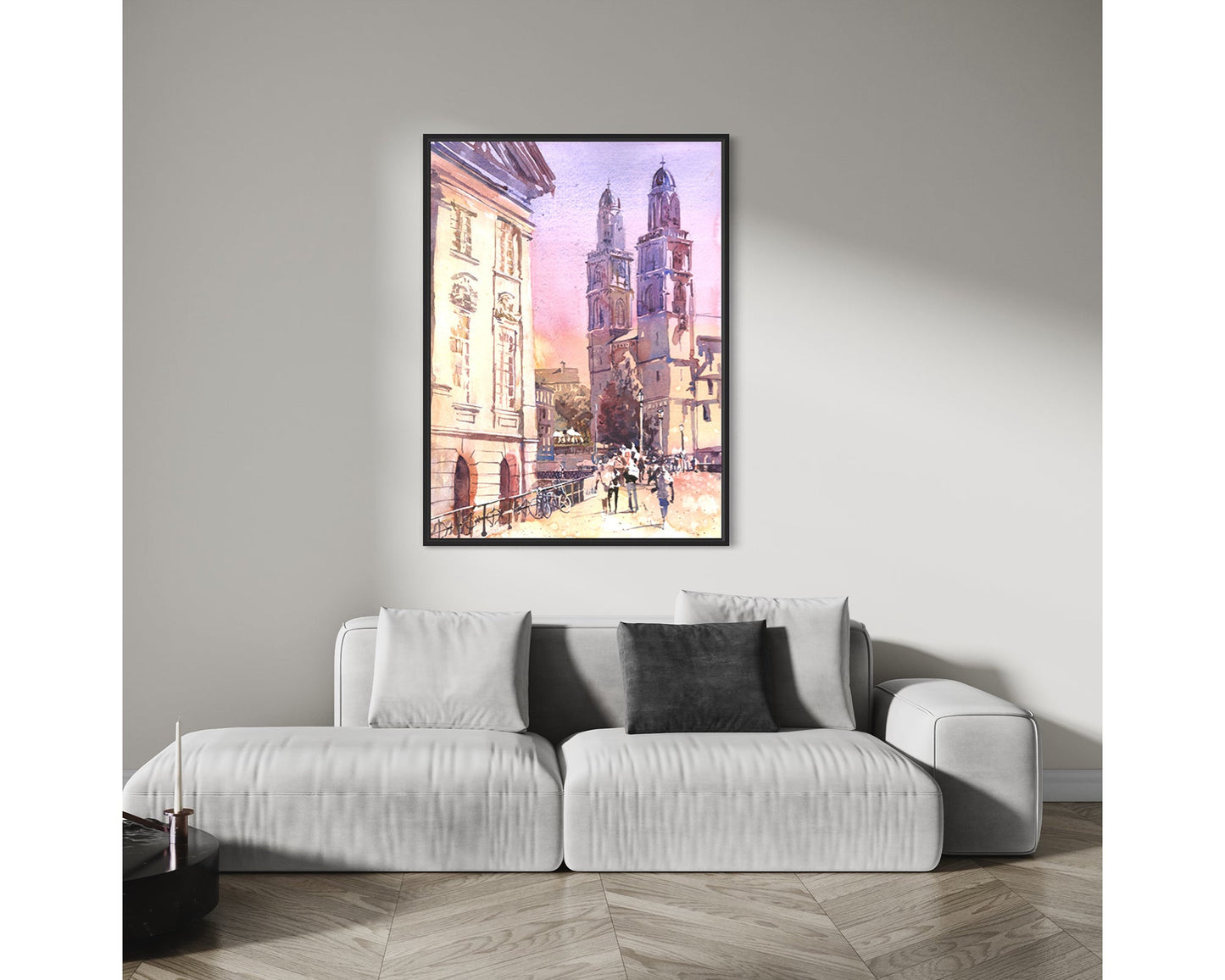 Zurich Switzerland church watercolor landscape travel essentials, art for house Swiss church trendy wall artwork (original)