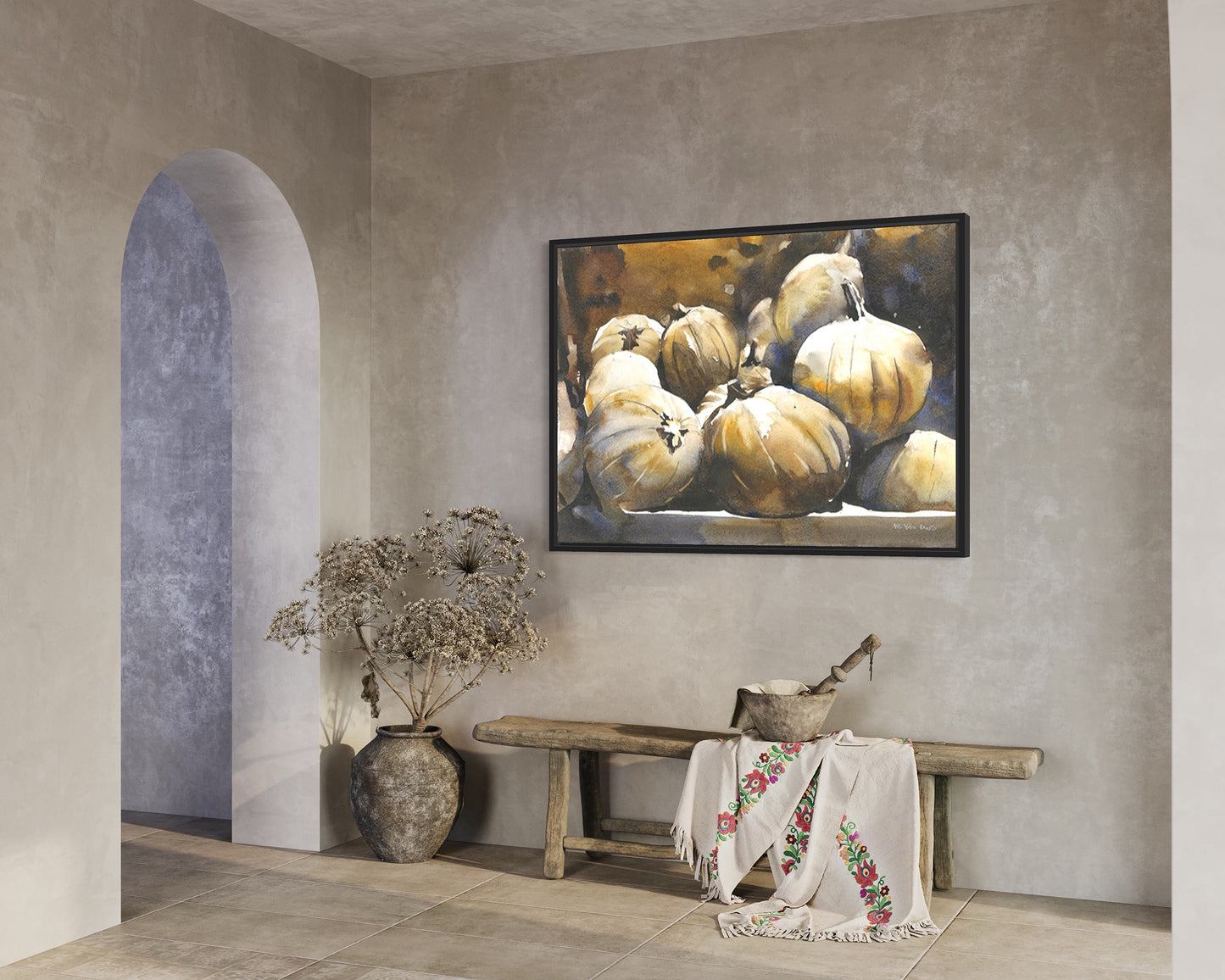 Colorida acuarela pintura calabazas Halloween cocina obras de arte arte de pared de moda (impresión)