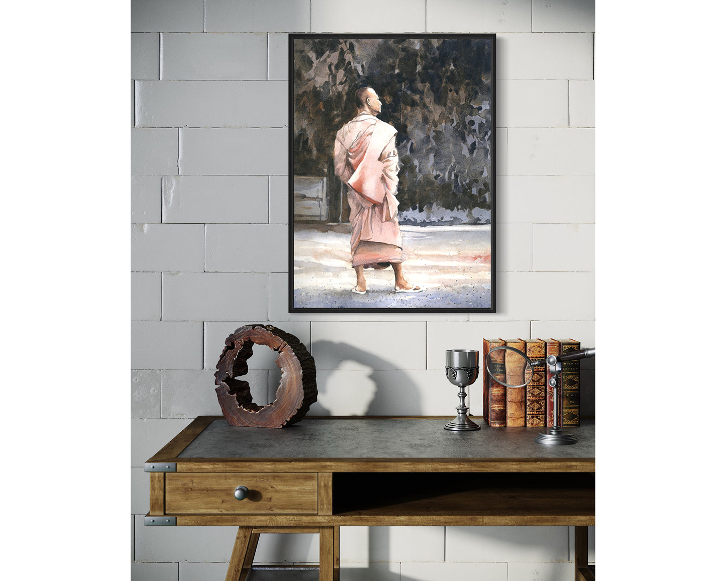 Watercolor painting Buddhist monk Phnom Penh travel essentials trendy wall art Buddhism Cambodia portrait person Buddhism (original art)