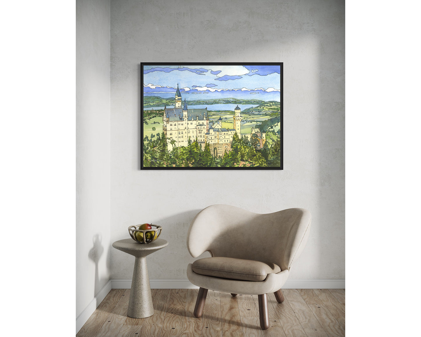 Colorida pintura de acuarela Castillo de Neuschwanstein Baviera- Alemania obras de arte de tendencia ahora castillo alemán bellas artes Baviera (impresión)