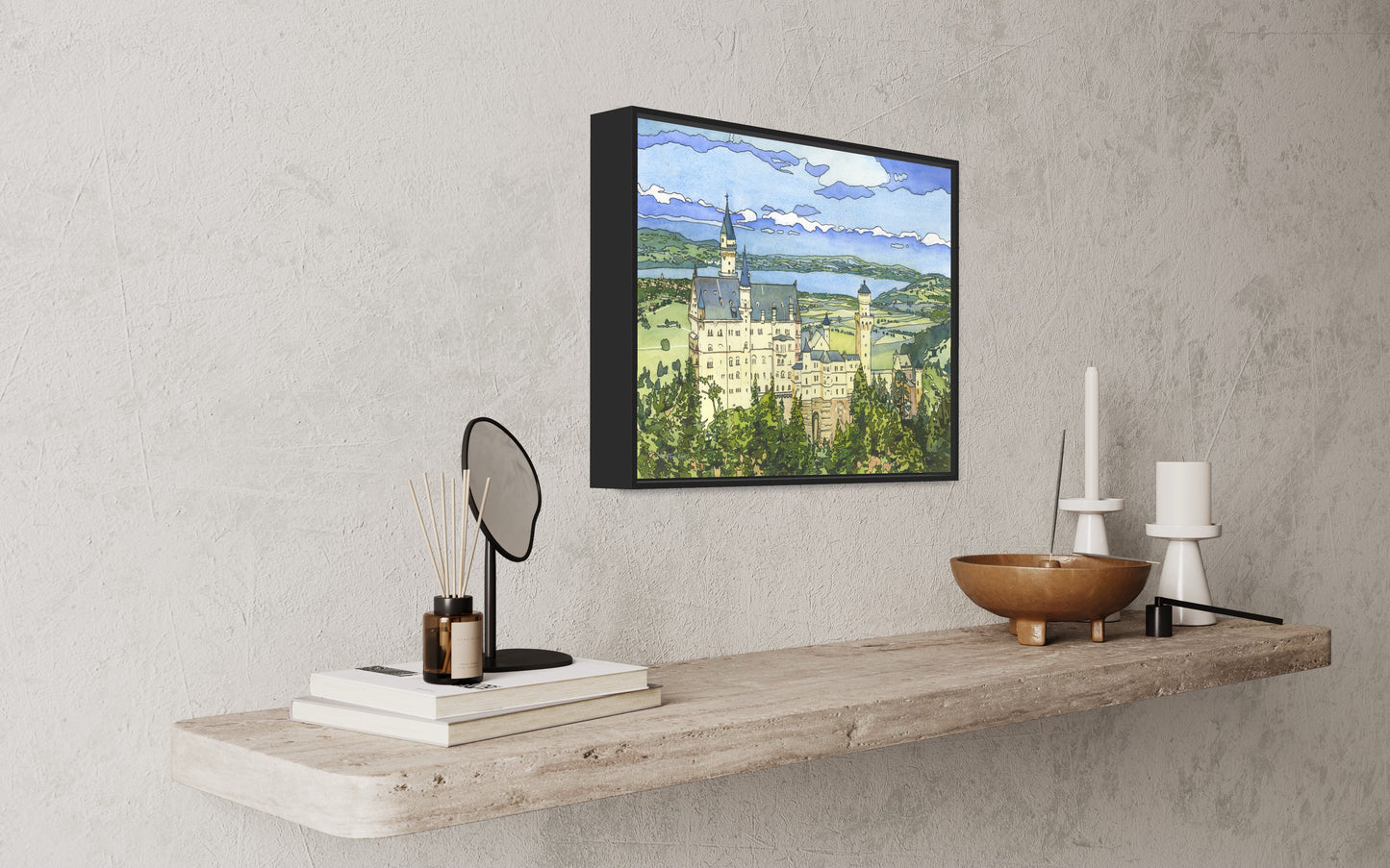 Colorida pintura de acuarela Castillo de Neuschwanstein Baviera- Alemania obras de arte de tendencia ahora castillo alemán bellas artes Baviera (impresión)
