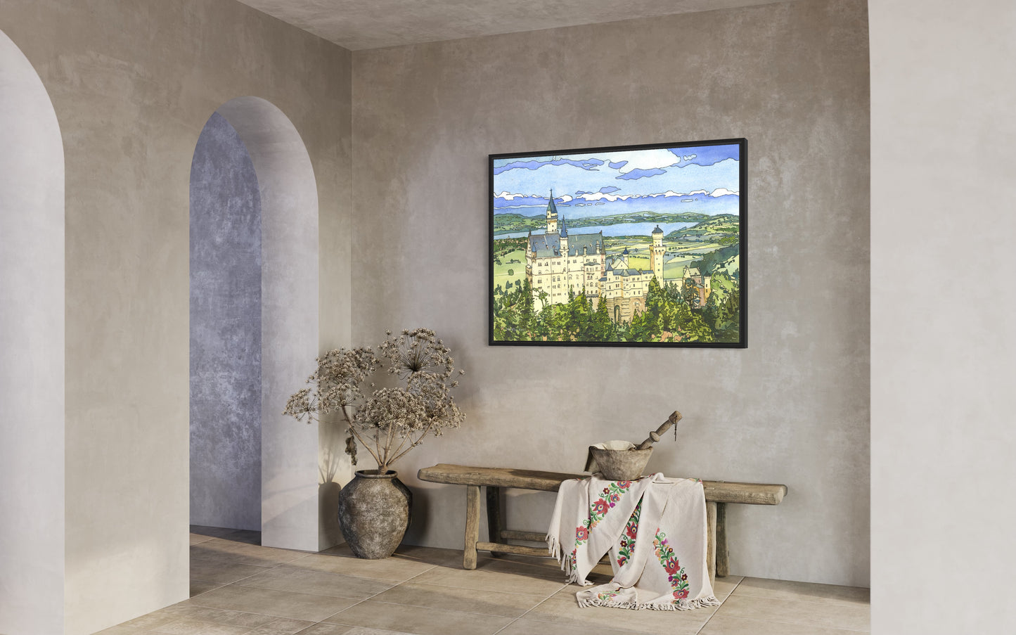 Colorida pintura de acuarela Castillo de Neuschwanstein Baviera- Alemania obras de arte de tendencia ahora castillo alemán bellas artes Baviera (impresión)