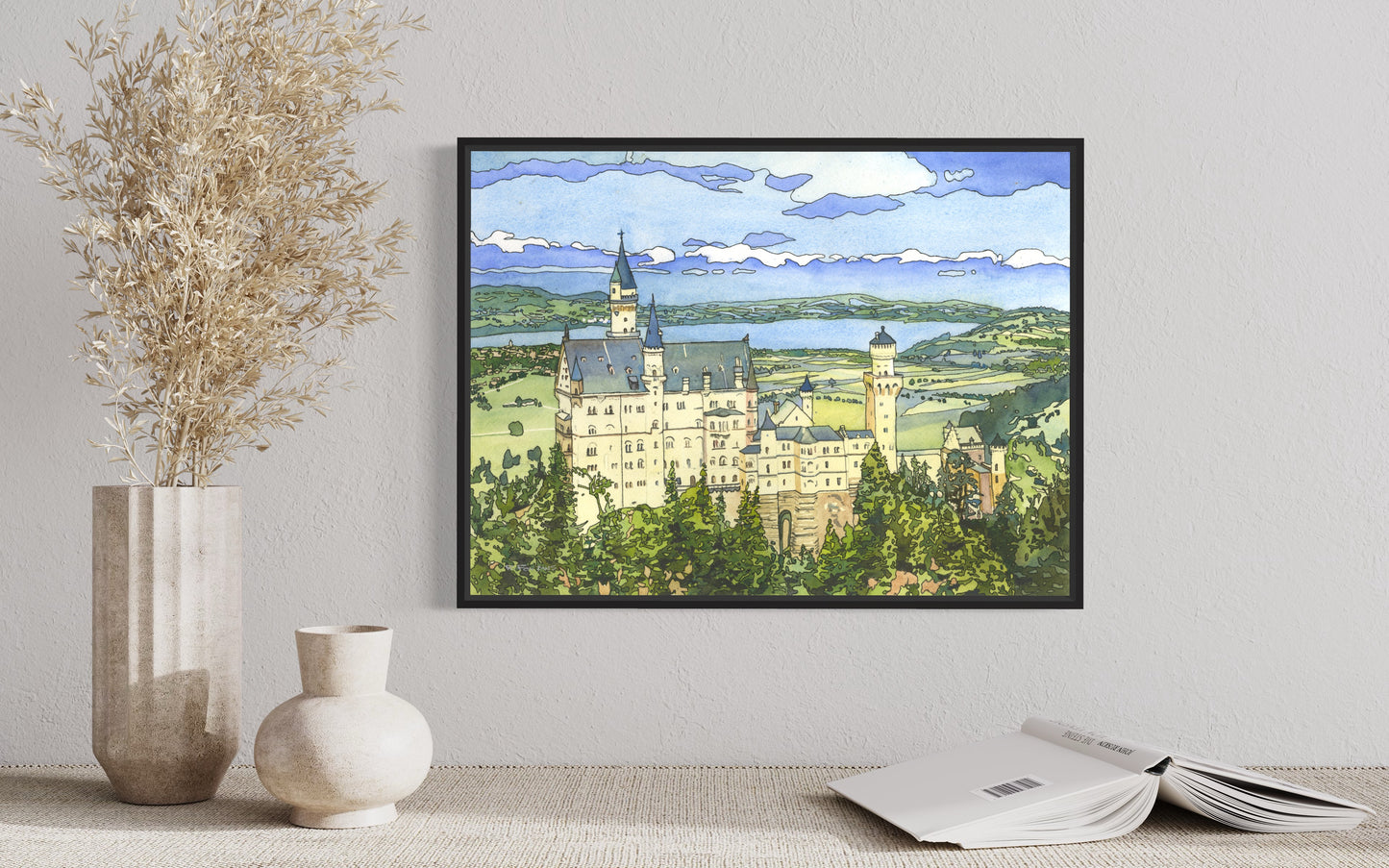 Colorida pintura de acuarela Castillo de Neuschwanstein Baviera- Alemania obras de arte de tendencia ahora castillo alemán bellas artes Baviera (impresión)