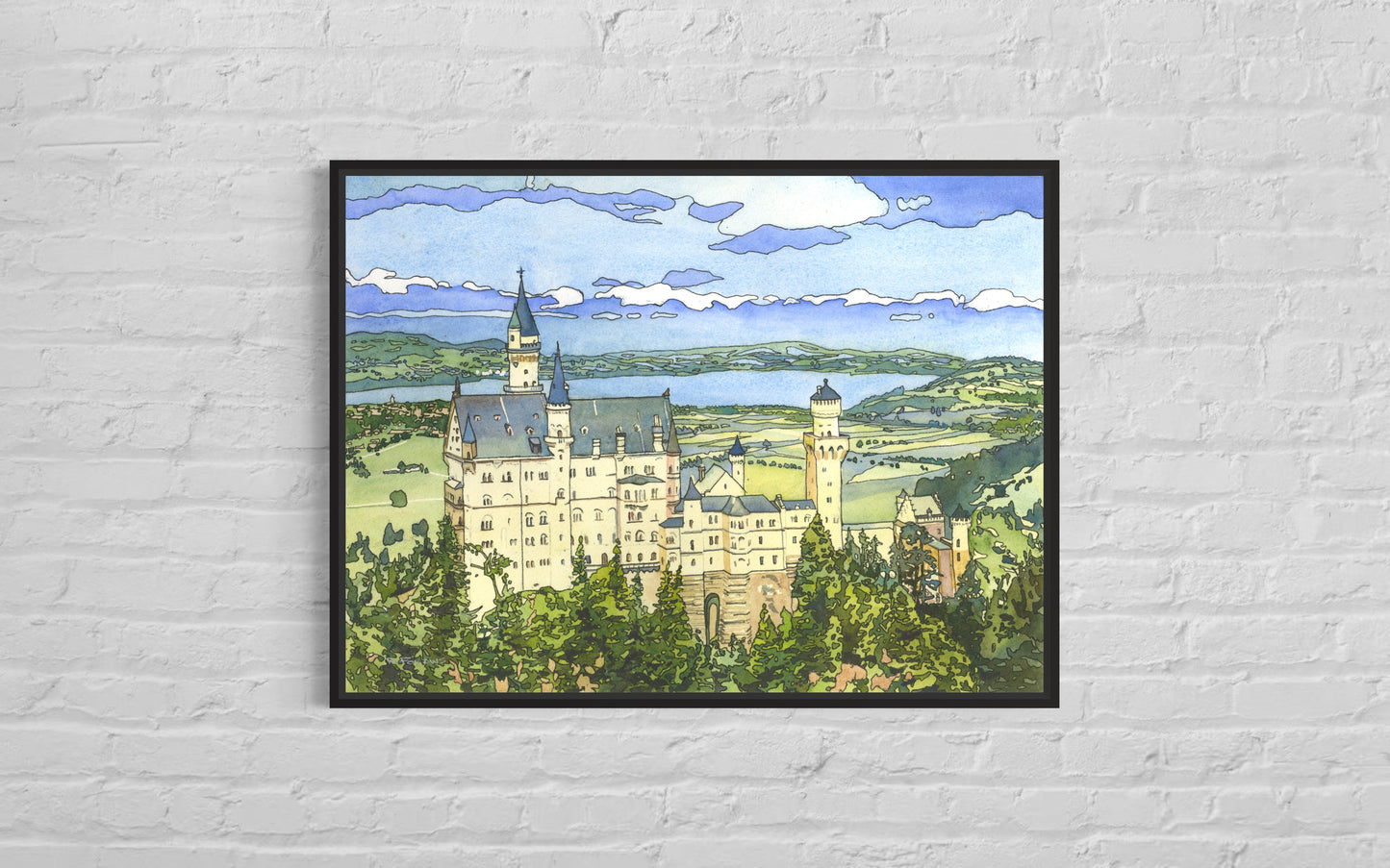 Colorida pintura de acuarela Castillo de Neuschwanstein Baviera- Alemania obras de arte de tendencia ahora castillo alemán bellas artes Baviera (impresión)