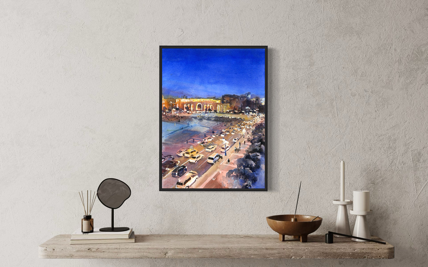 Nighttime view of Republic Square in Yerevan, Armenia, painted in vibrant watercolor tones—perfect for modern home or office interior design.