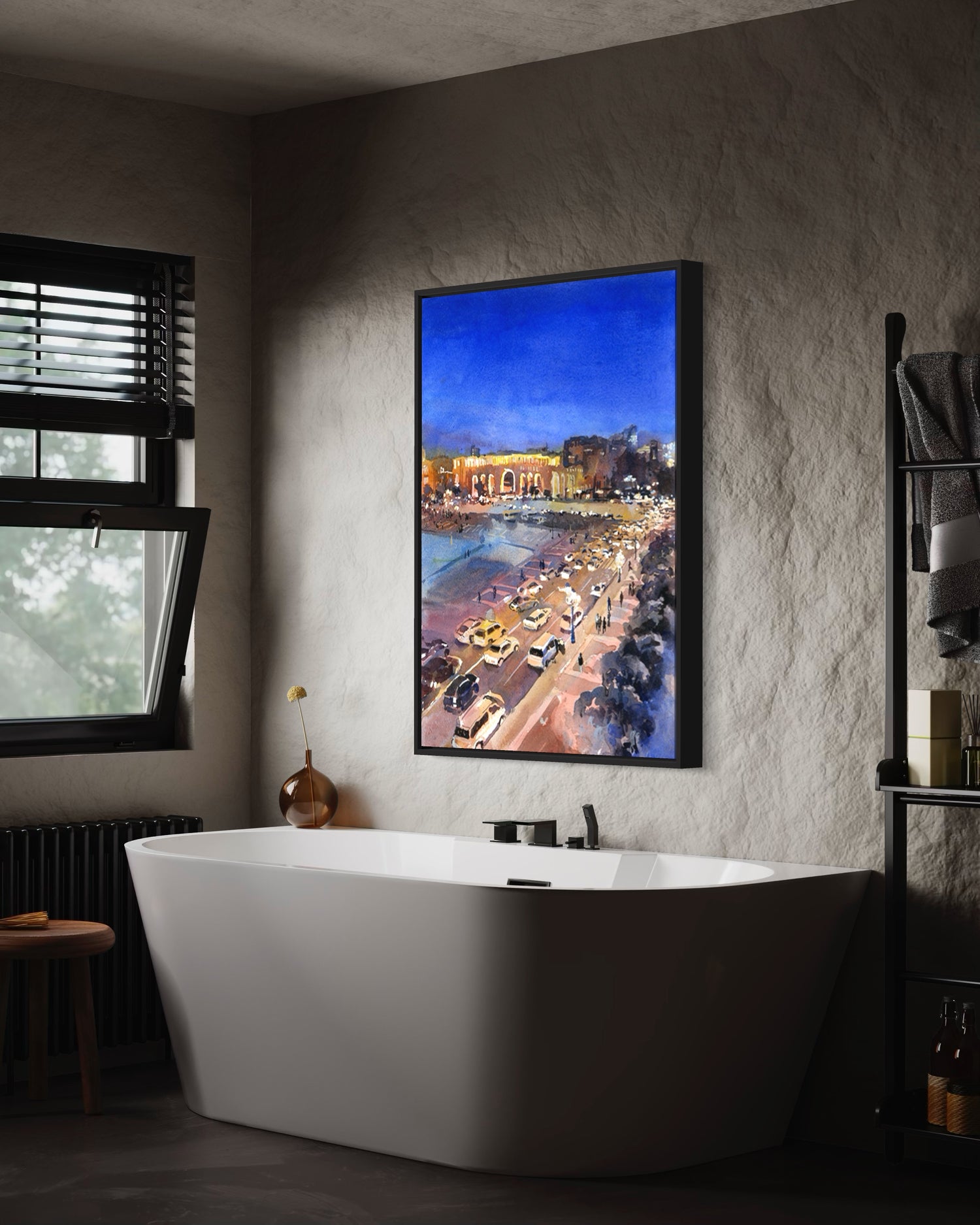 Bright watercolor artwork of Yerevan’s Republic Square after dark, capturing the elegance of Armenian architecture—ideal travel home decor print.