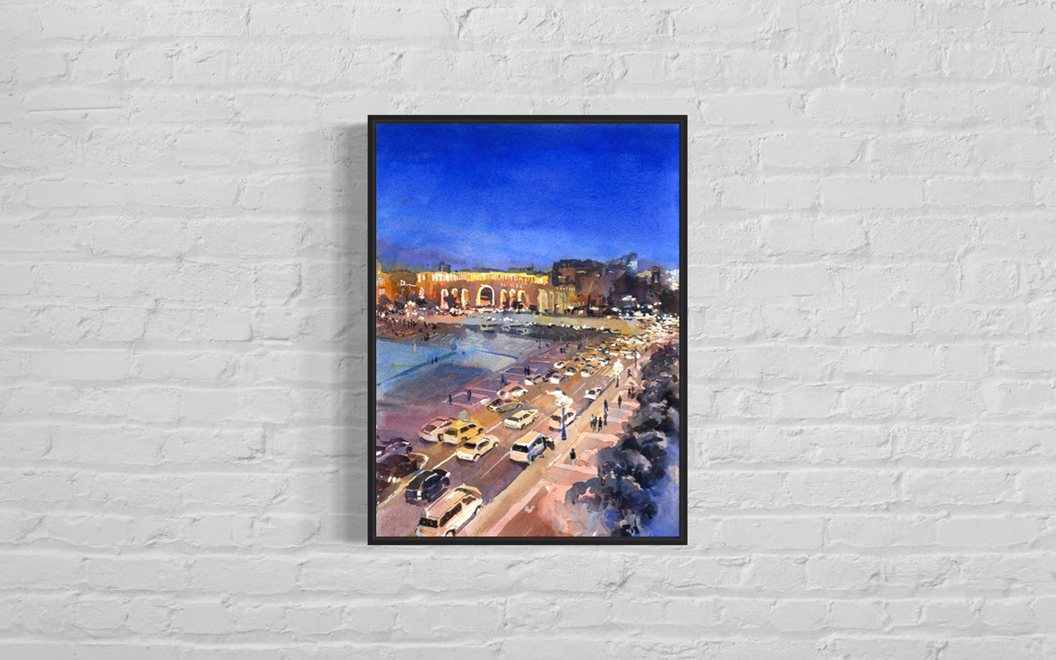 Watercolor cityscape painting of Yerevan Armenia at night with reflections on the plaza—great for home/office art or thoughtful travel-inspired gifts.