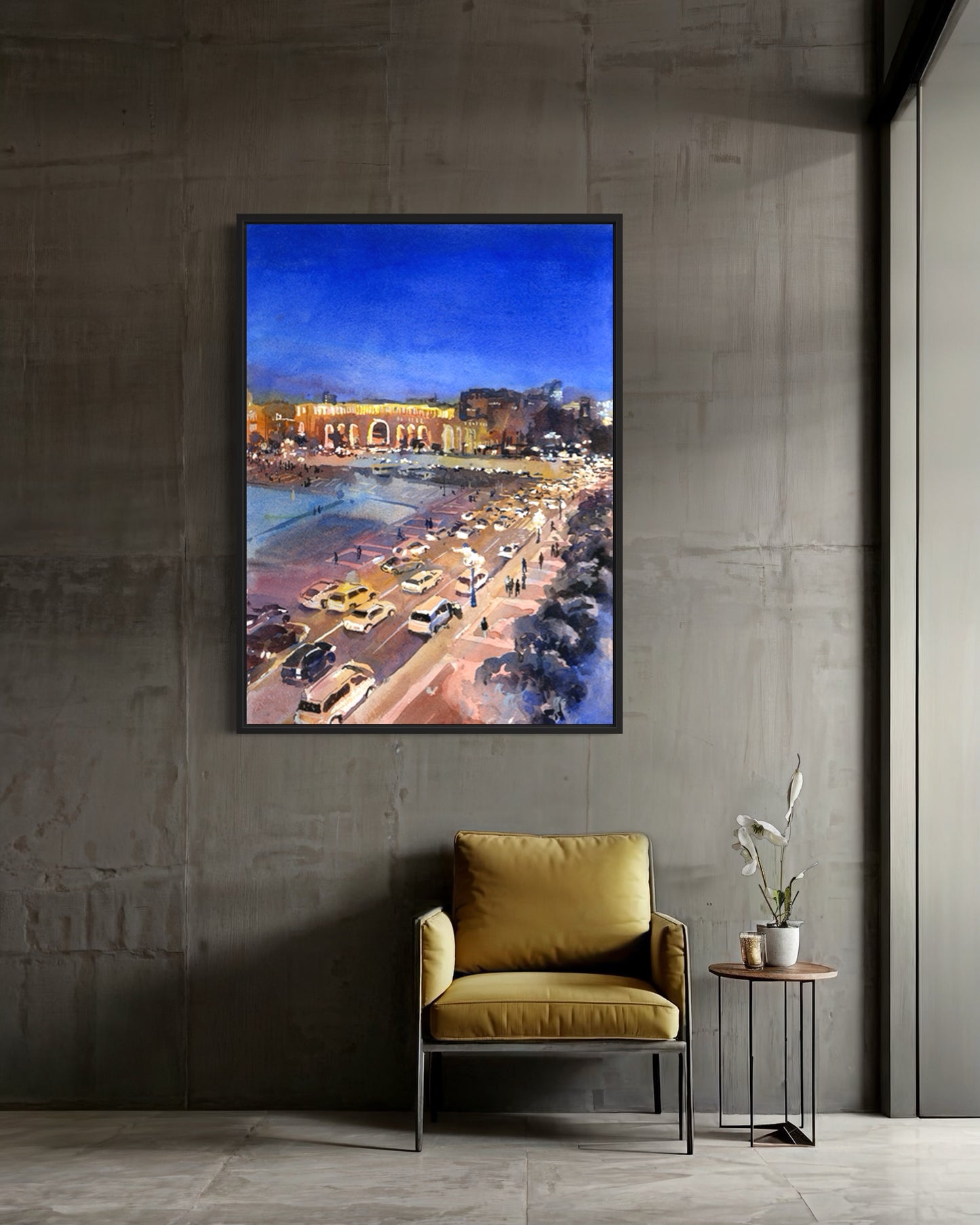 Yerevan Armenia cityscape at night Republic Square colorful watercolor painting travel home decor (original)