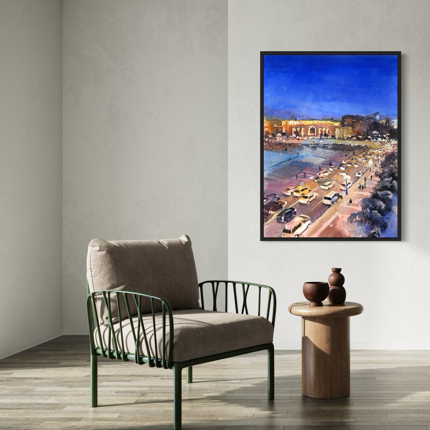 Fine art watercolor of Yerevan’s illuminated Republic Square under a deep blue night sky—ideal for travel lovers and stylish decor themes.