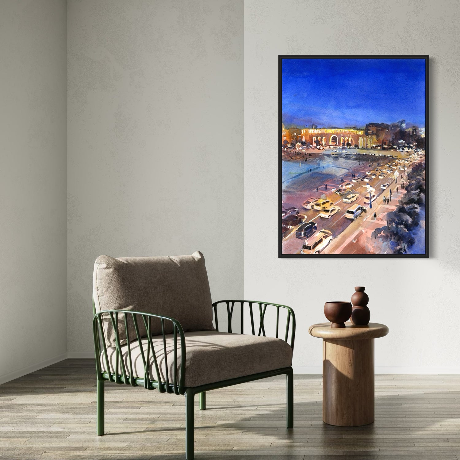 Fine art watercolor of Yerevan’s illuminated Republic Square under a deep blue night sky—ideal for travel lovers and stylish decor themes.