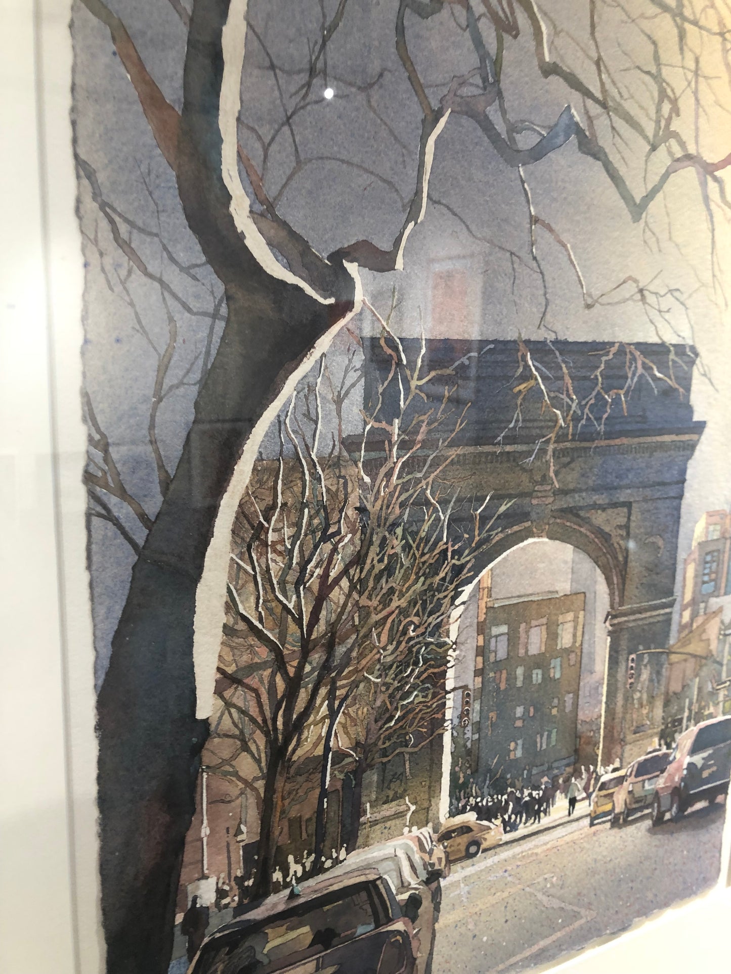 Elegant dusk watercolor of the Washington Square Arch in NYC—urban fine art for stylish apartment or office interiors.