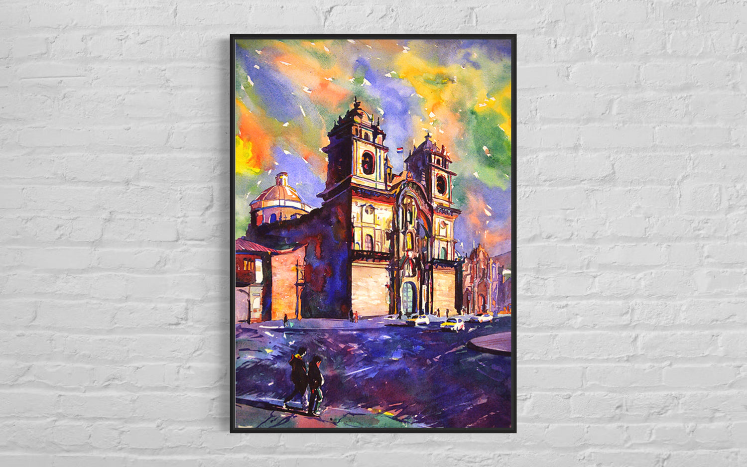 Original watercolor artwork of Cusco’s main square featuring the grand Church of the Society of Jesus—perfect for travel-inspired interior design or thoughtful gift for him.