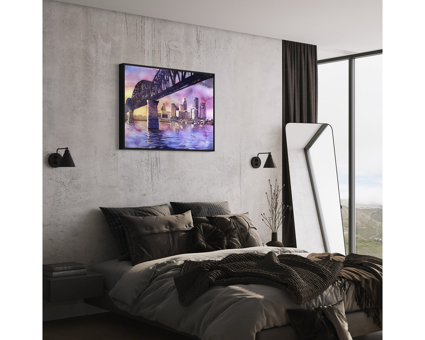 Fine art watercolor of the Louisville Kentucky skyline at dusk, featuring glowing skyscrapers and a radiant sunset sky—great gift for him or her and modern interiors.