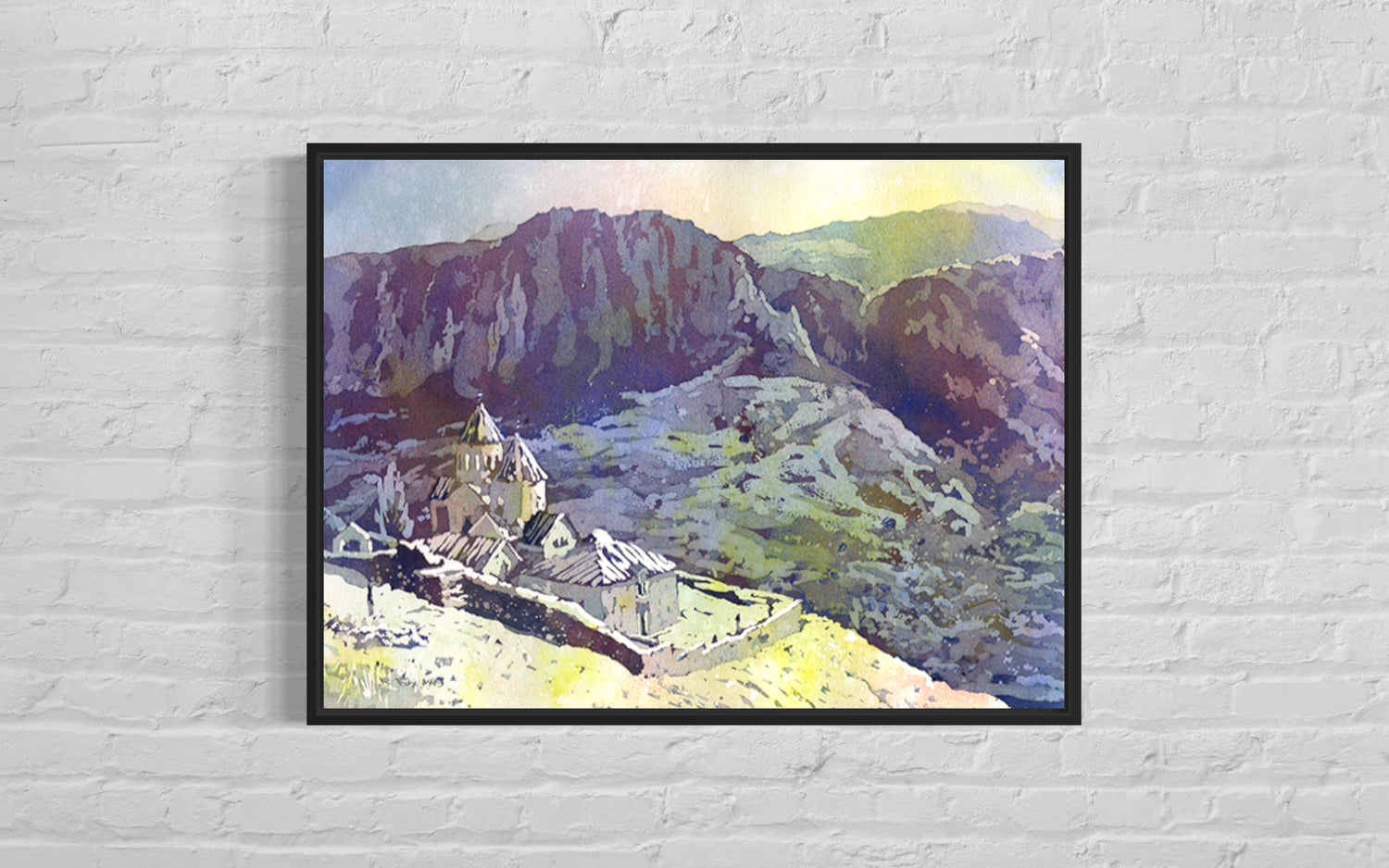 Fine art watercolor of the historic Armenian monastery Khor Noravank surrounded by red cliffs—ideal for cultural interior design and art lovers.