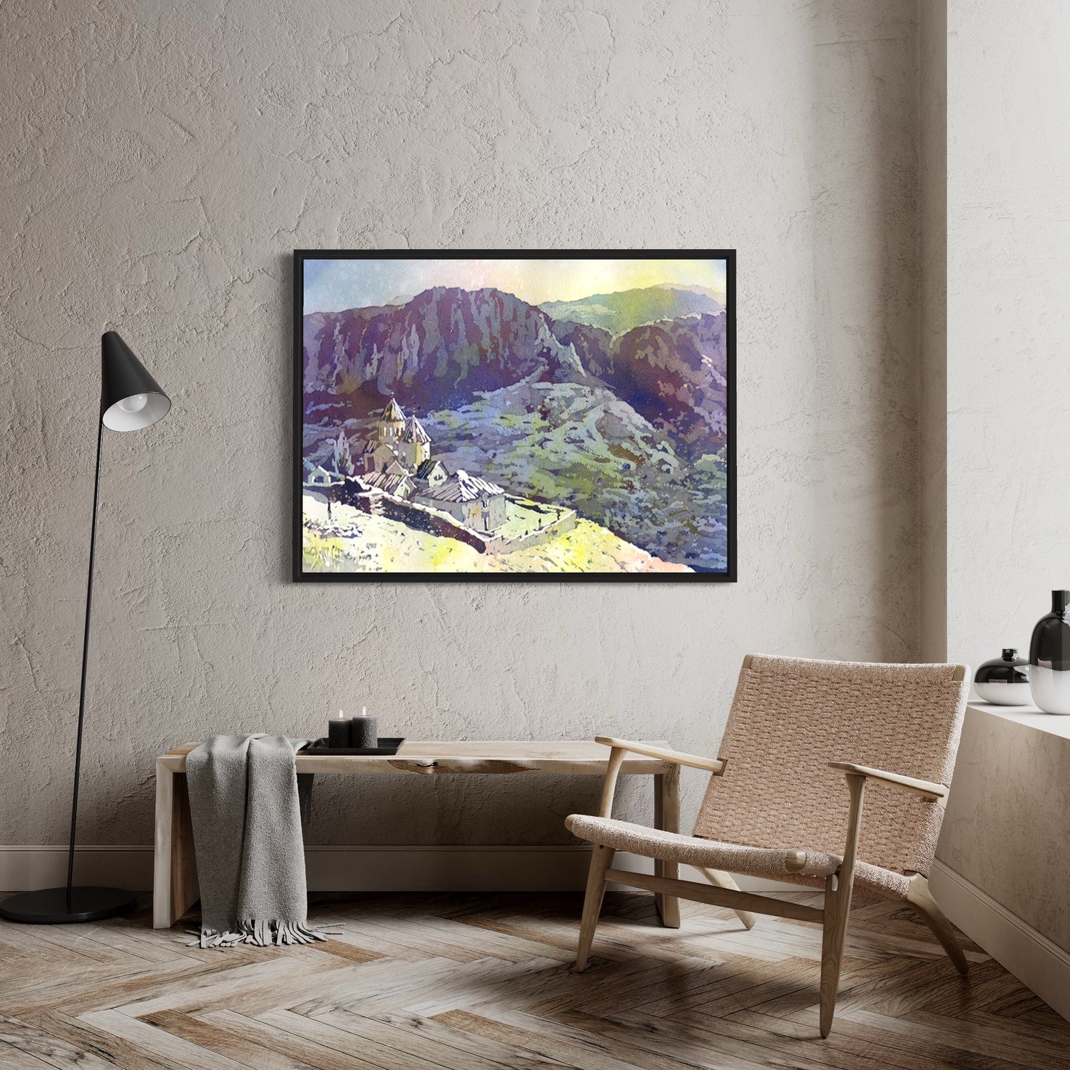 Peaceful landscape watercolor of Khor Noravank’s medieval monastery perched above the Amaghu River—great for travel-inspired home or office decor.